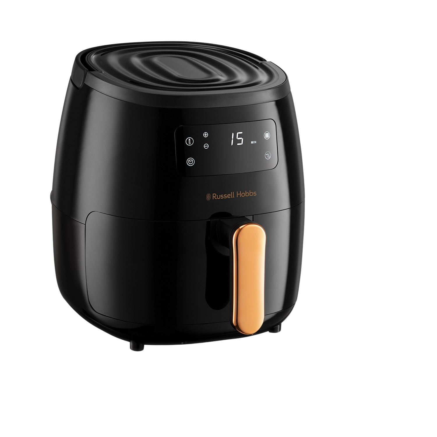 Friggitrice ad aria Russell Hobbs nera con manico dorato, su sfondo nero.