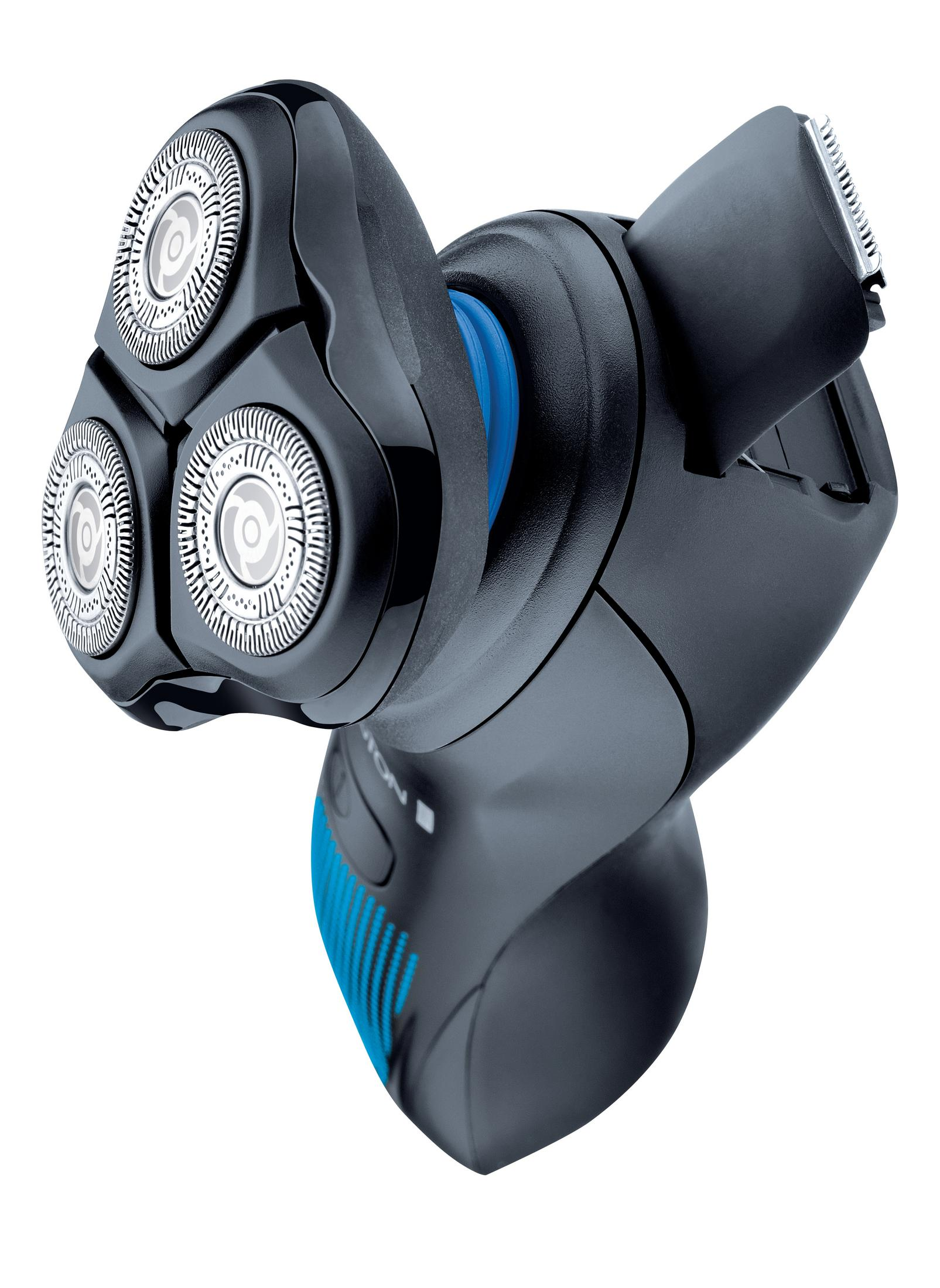 Rasoio elettrico nero e blu con tre testine rotanti, che mostrano le lame.