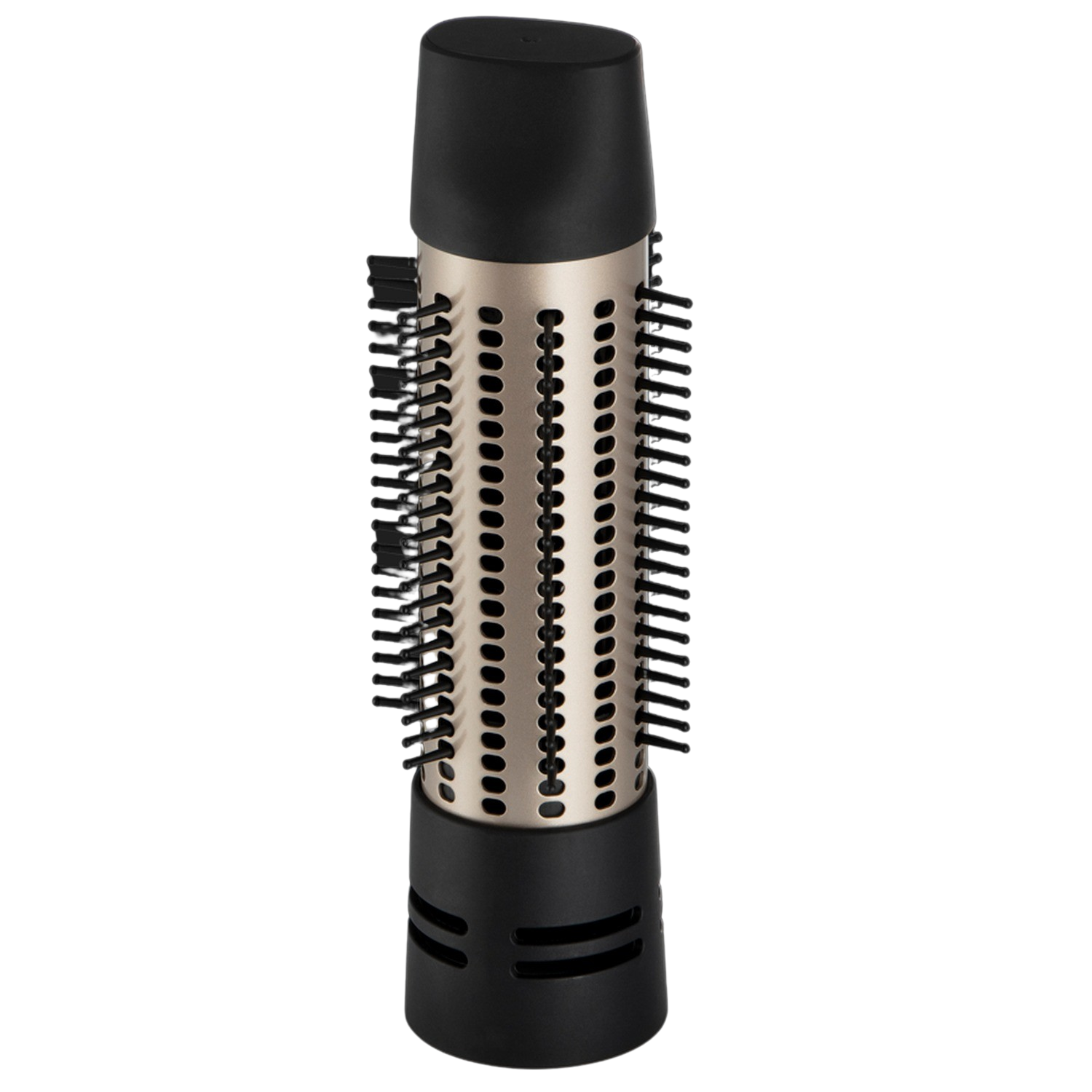 Narzędzie do stylizacji włosów z czarno-złotym cylindrycznym korpusem, czarnym włosiem i podstawą, na czarnym tle.