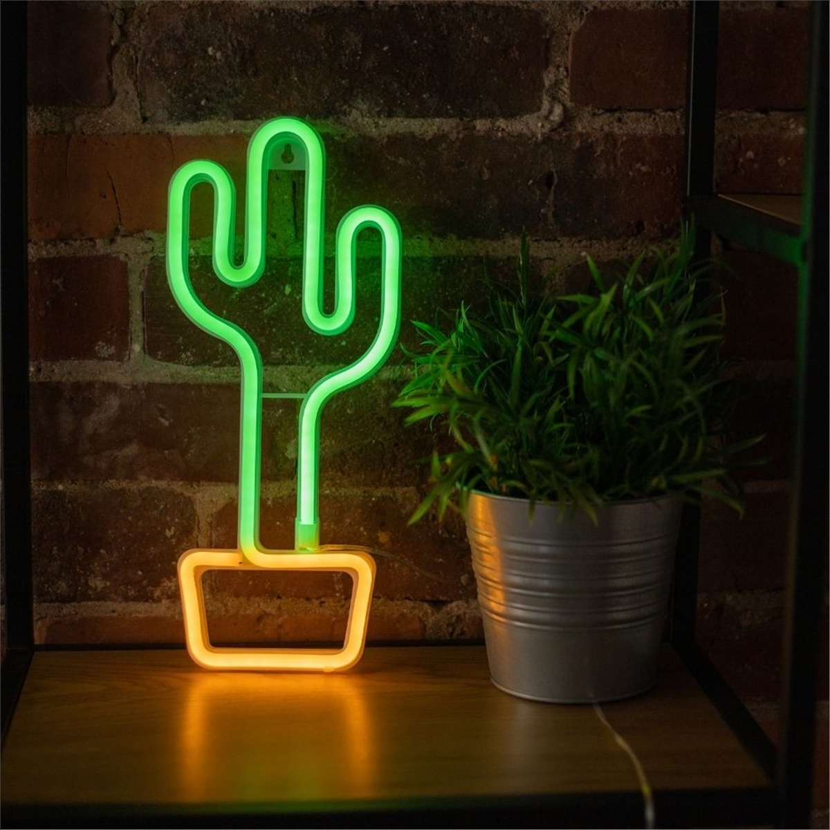 Un cactus de neón en una maceta sobre un estante junto a una planta en maceta, contra pared de ladrillos.