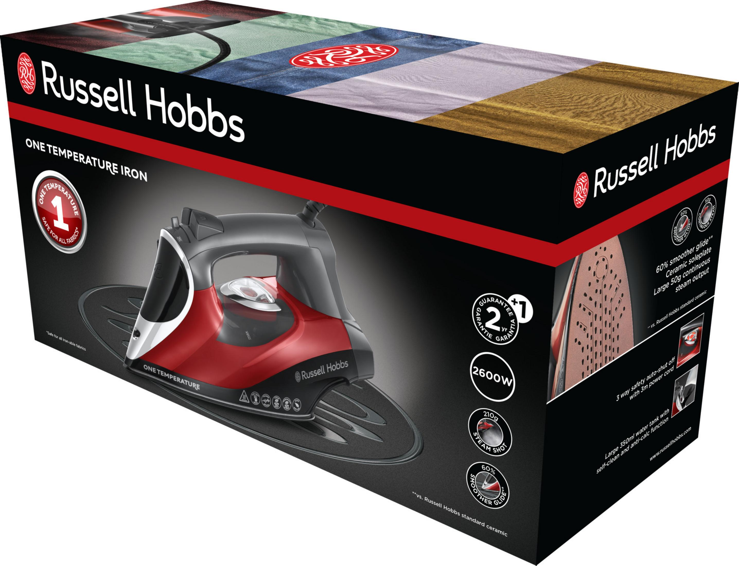 Żelazko Russell Hobbs w pudełku. Żelazko jest czerwono-czarne. Pudełko ma obrazy i tekst.