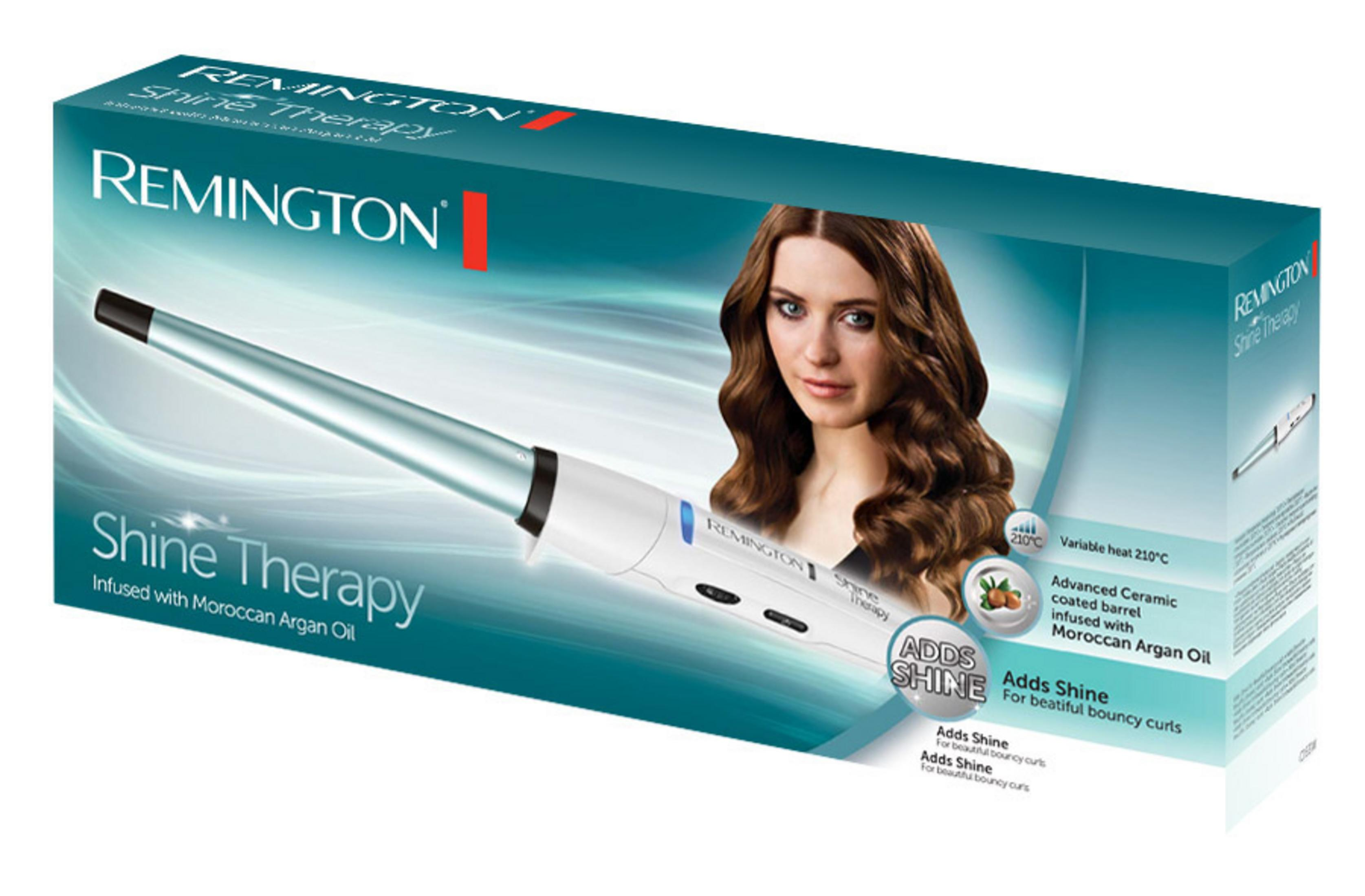 Pudełko z lokówką do włosów z twarzą kobiety. Lokówka jest w pudełku. Tekst: Shine Therapy.