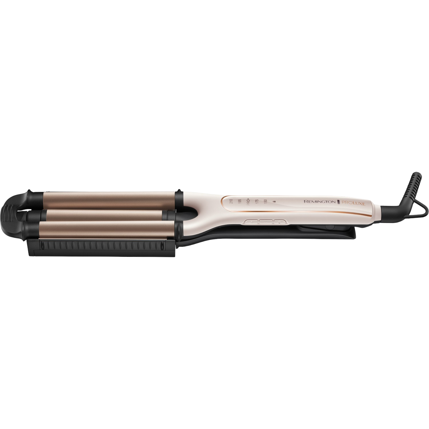 Pokazano prostownicę do włosów. Jest biała i złota, i ma trzy zakrzywione lufy.