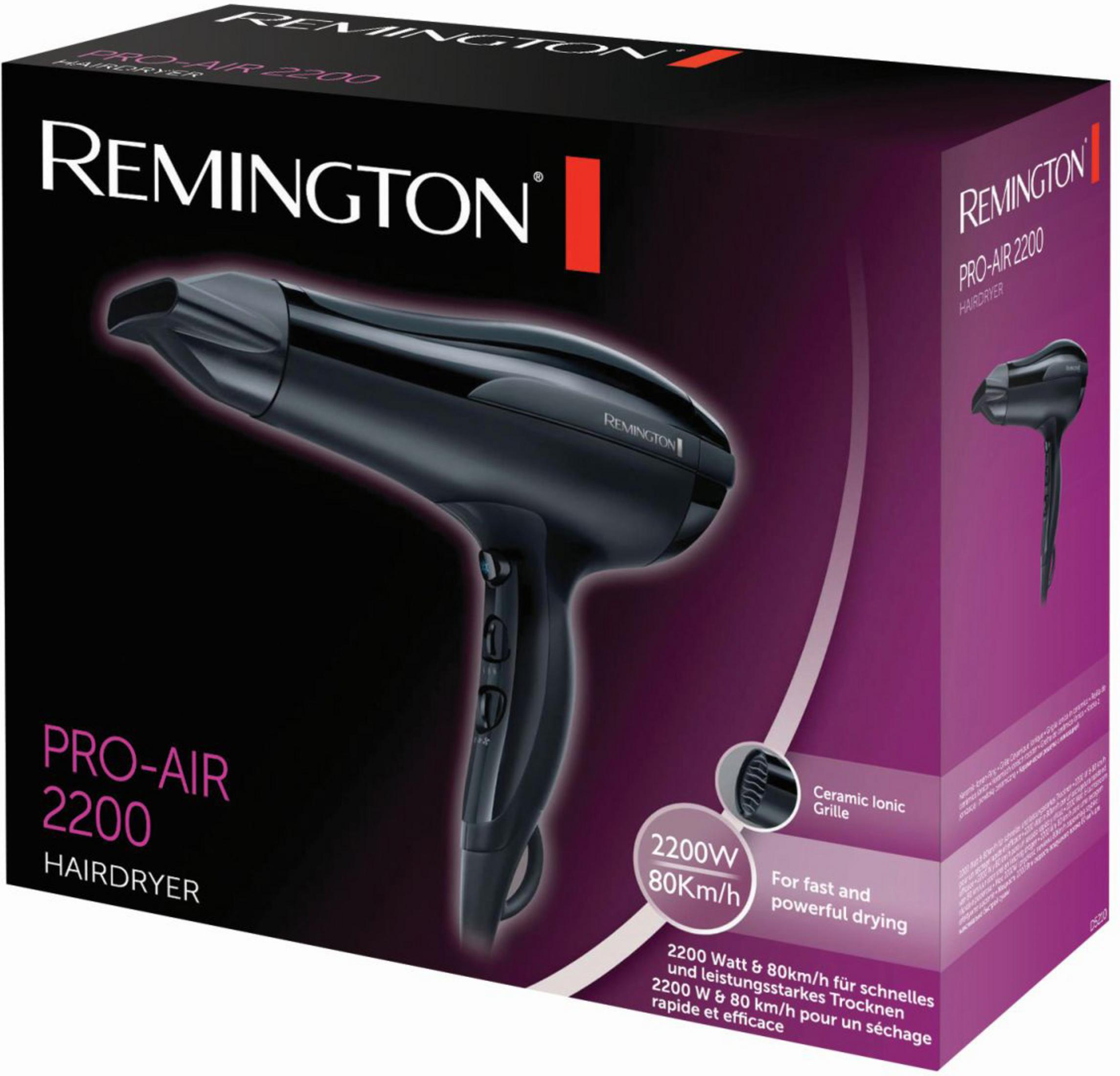 Czarna suszarka do włosów Remington Pro-Air 2200 w pudełku, z tekstem i zdjęciem suszarki.