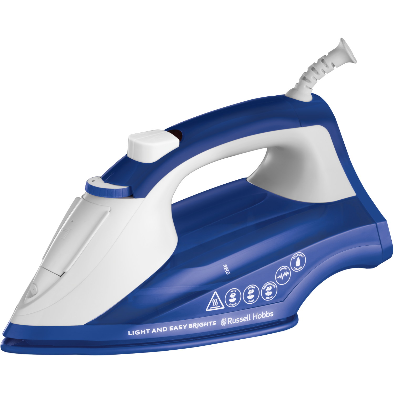 Niebieskie i białe żelazko z białym uchwytem. Jest na czarnym tle. Nazwa marki to Russell Hobbs.