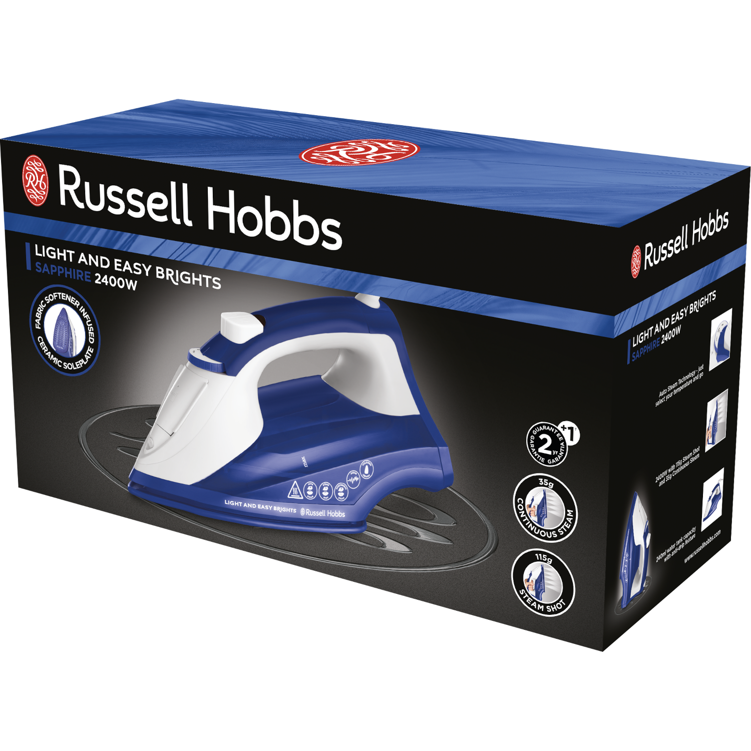 Niebiesko-białe żelazko w pudełku. Na pudełku widnieją napisy 'Russell Hobbs', 'Sapphire' i '2400W'.