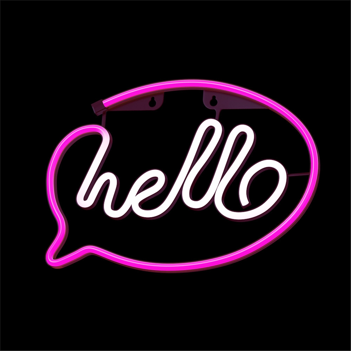 Rosa Neon-Schild mit "hello" auf schwarzem Hintergrund.
