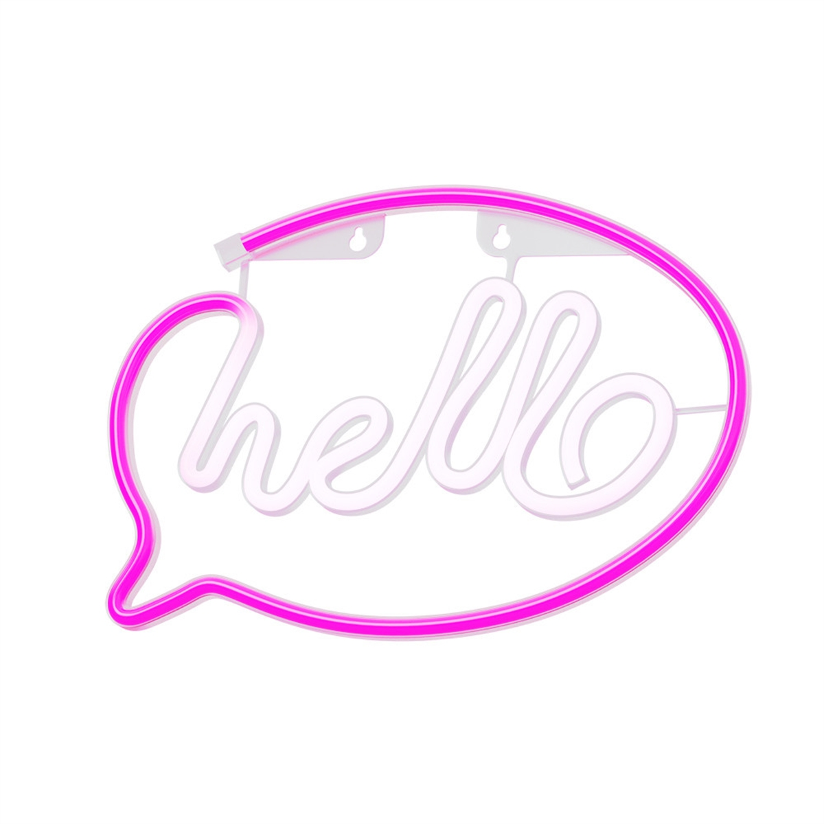 Ein pinkfarbenes Neonzeichen in Form einer Sprechblase mit dem Wort „Hallo“.