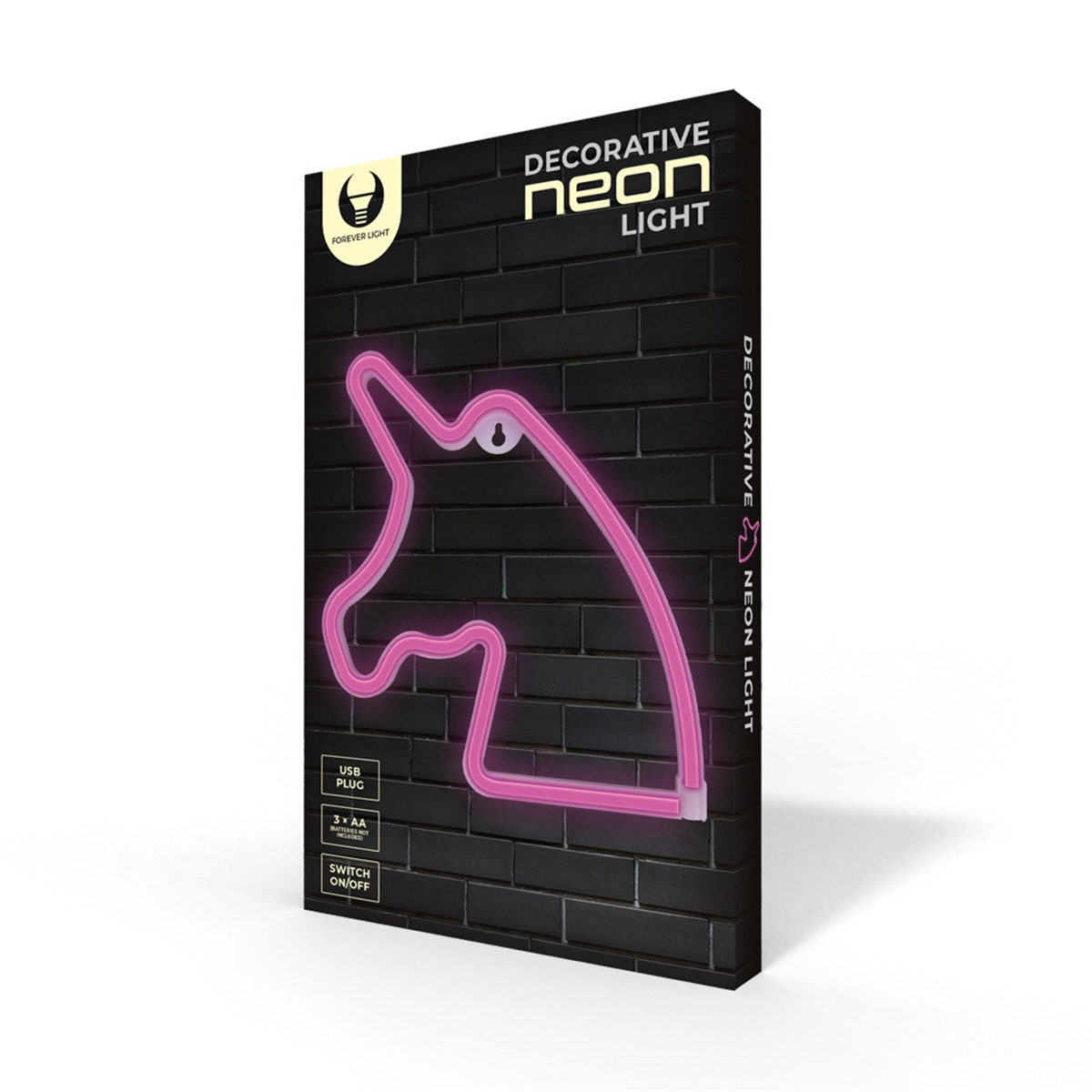 Eine dekorative Neonleuchte in einer Box. Es ist eine pinke Einhornform an einer schwarzen Backsteinmauer.