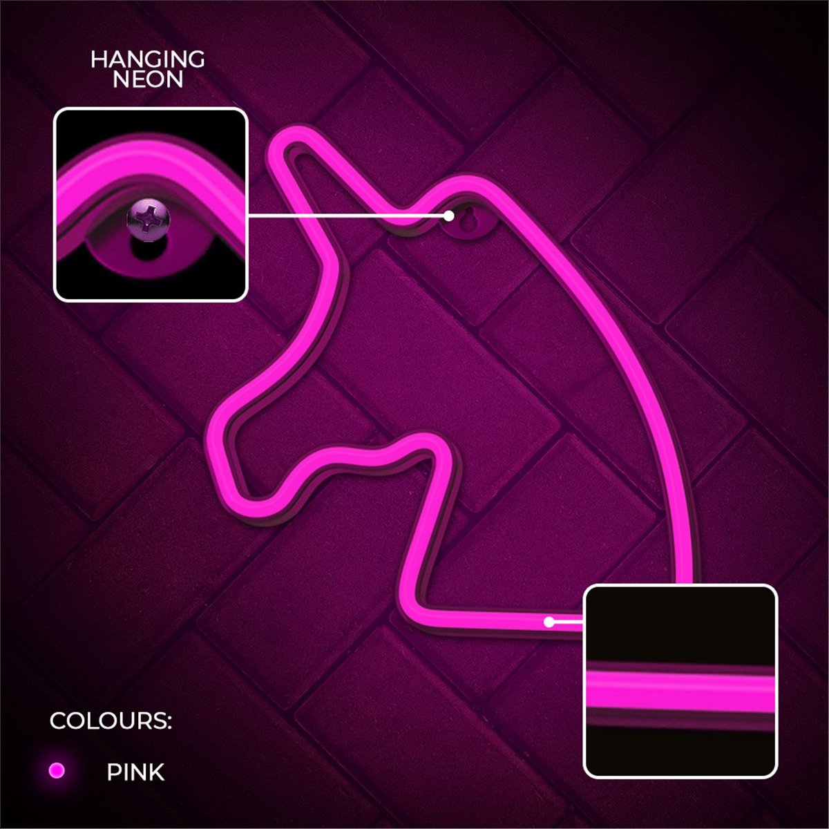 Pinker Neon-Einhornkopf. Detailaufnahmen zeigen den Aufhängemechanismus und die Kante des Neons.