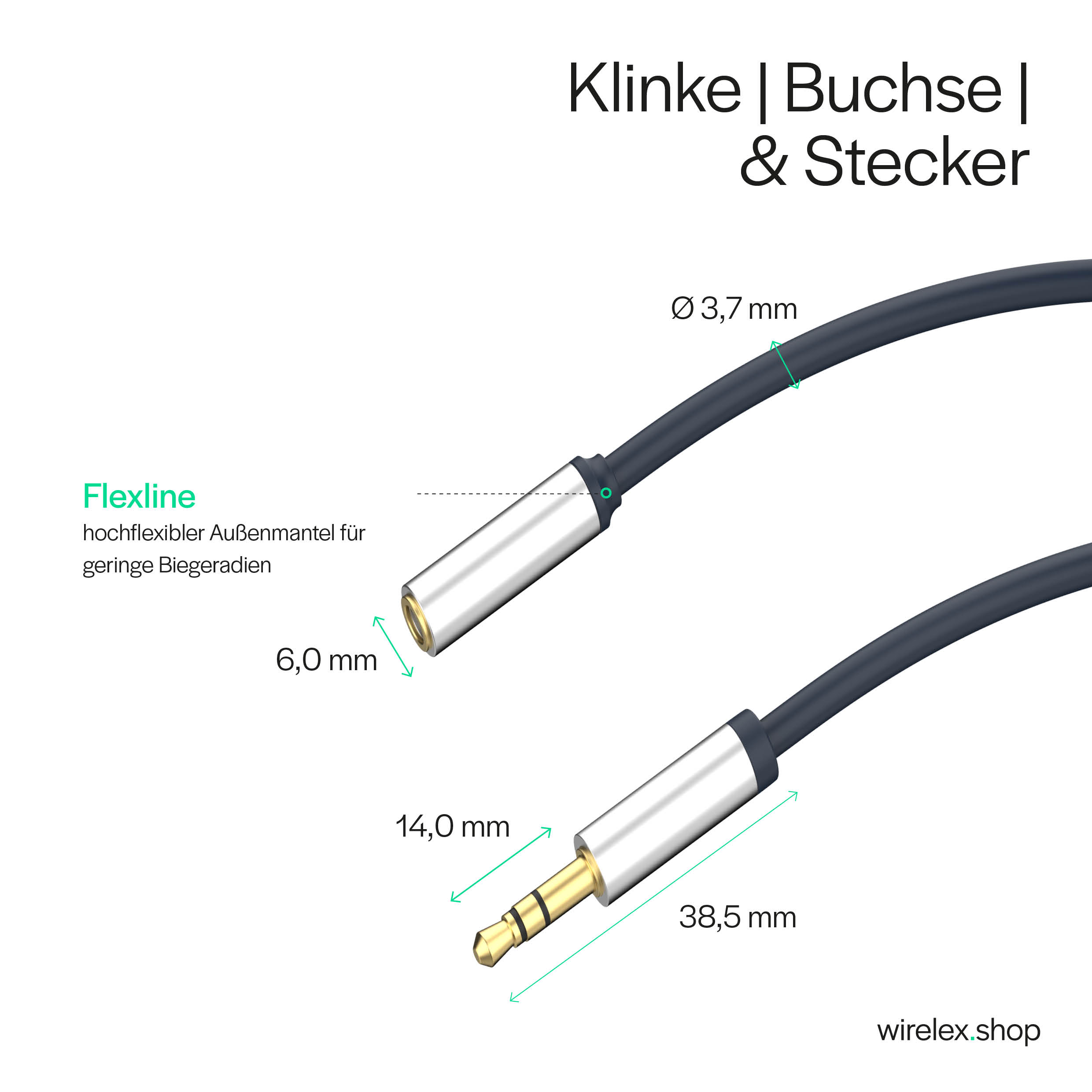 Audiokabel mit Steckern, beschriftet Flexline und zeigt Abmessungen.