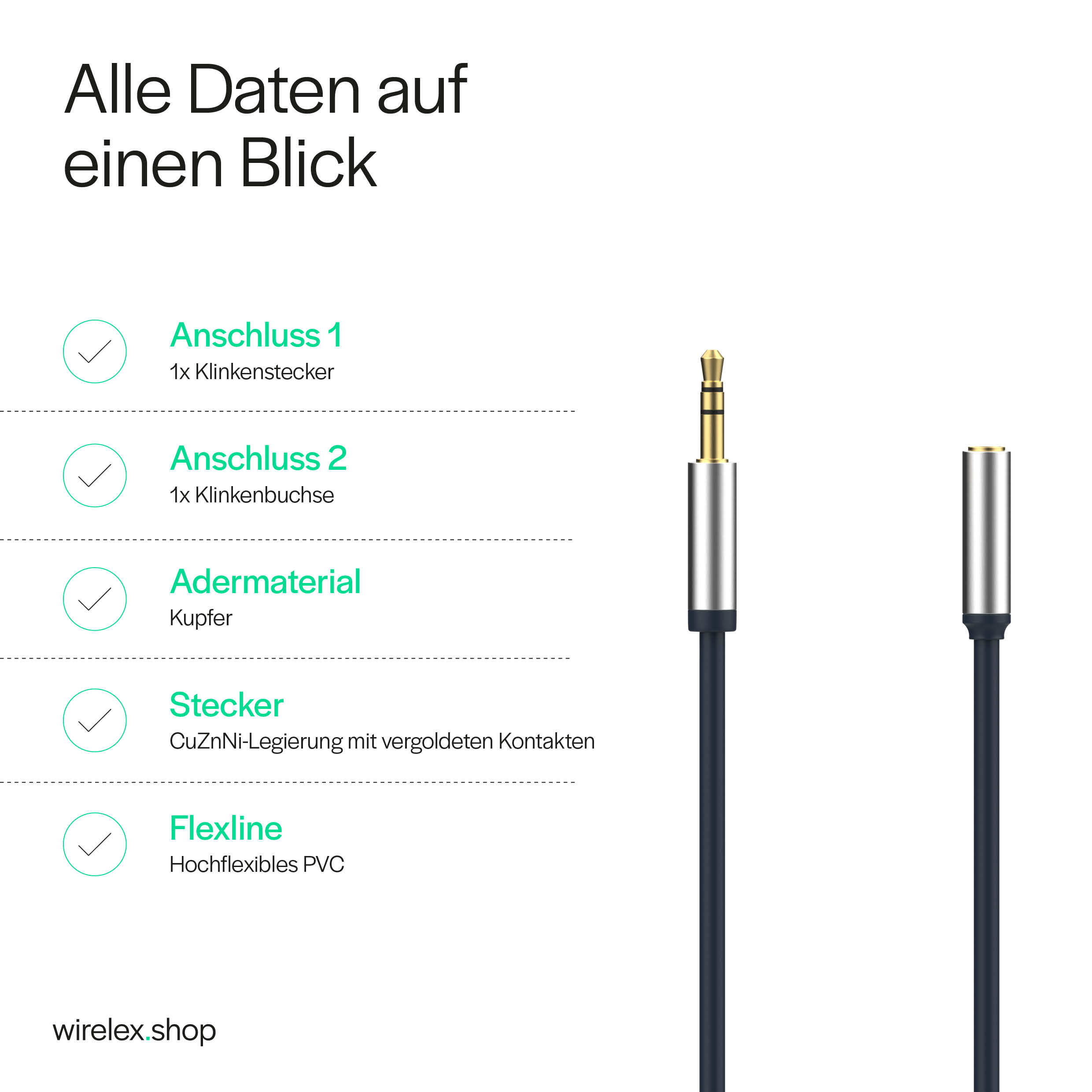 Nahaufnahme eines Audiokabels mit Stecker und Buchse. Textdetails links.