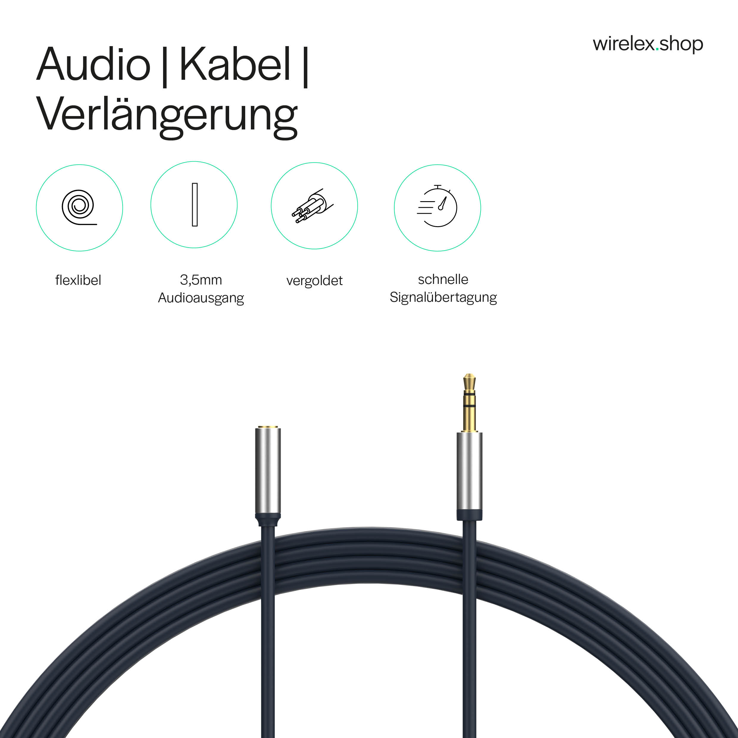 Ein Audiokabel mit Text. Zwei Enden sind sichtbar. Weißer Hintergrund. Symbole der Kabelfunktionen sind vorhanden.