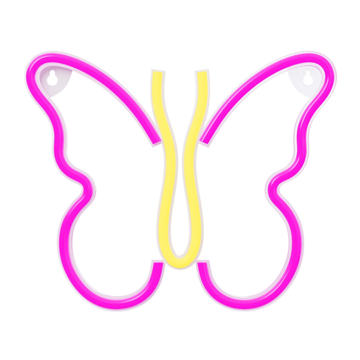 Ein Neon-Schmetterlingsschild mit rosa und gelben Lichtern.