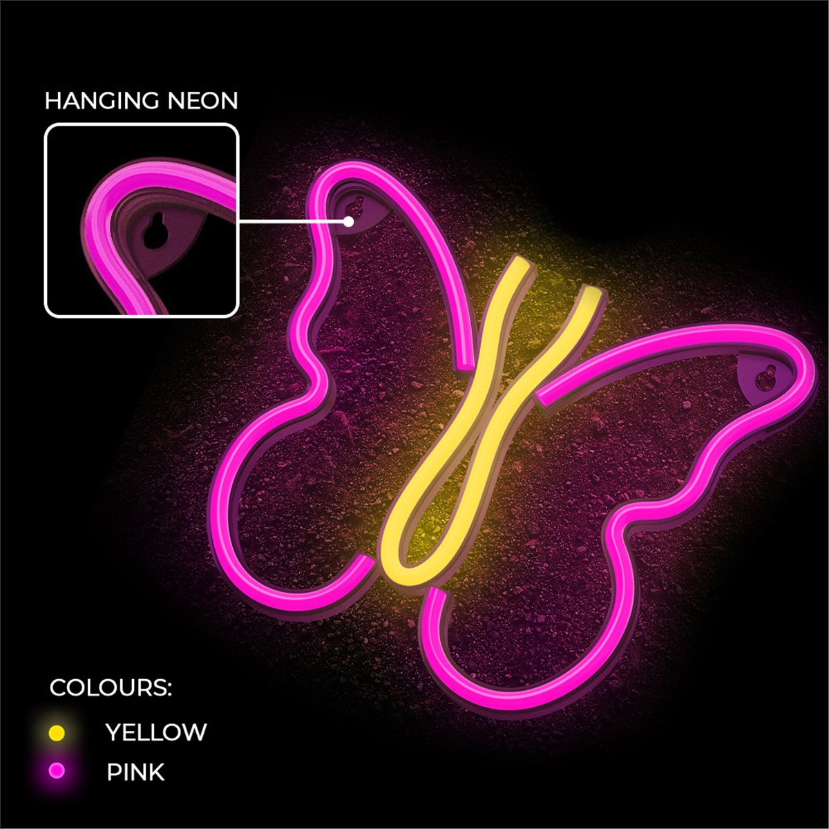 Ein Neon-Schmetterling mit rosa und gelben Lichtern. Er befindet sich auf einem strukturierten schwarzen Hintergrund.