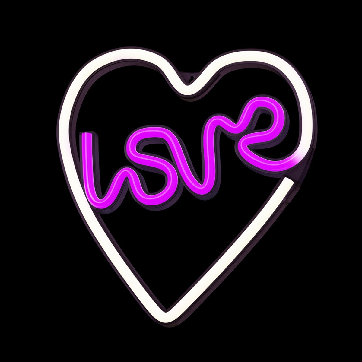 Letrero de neón en forma de corazón con la palabra 'love' en cursiva, sobre fondo negro.