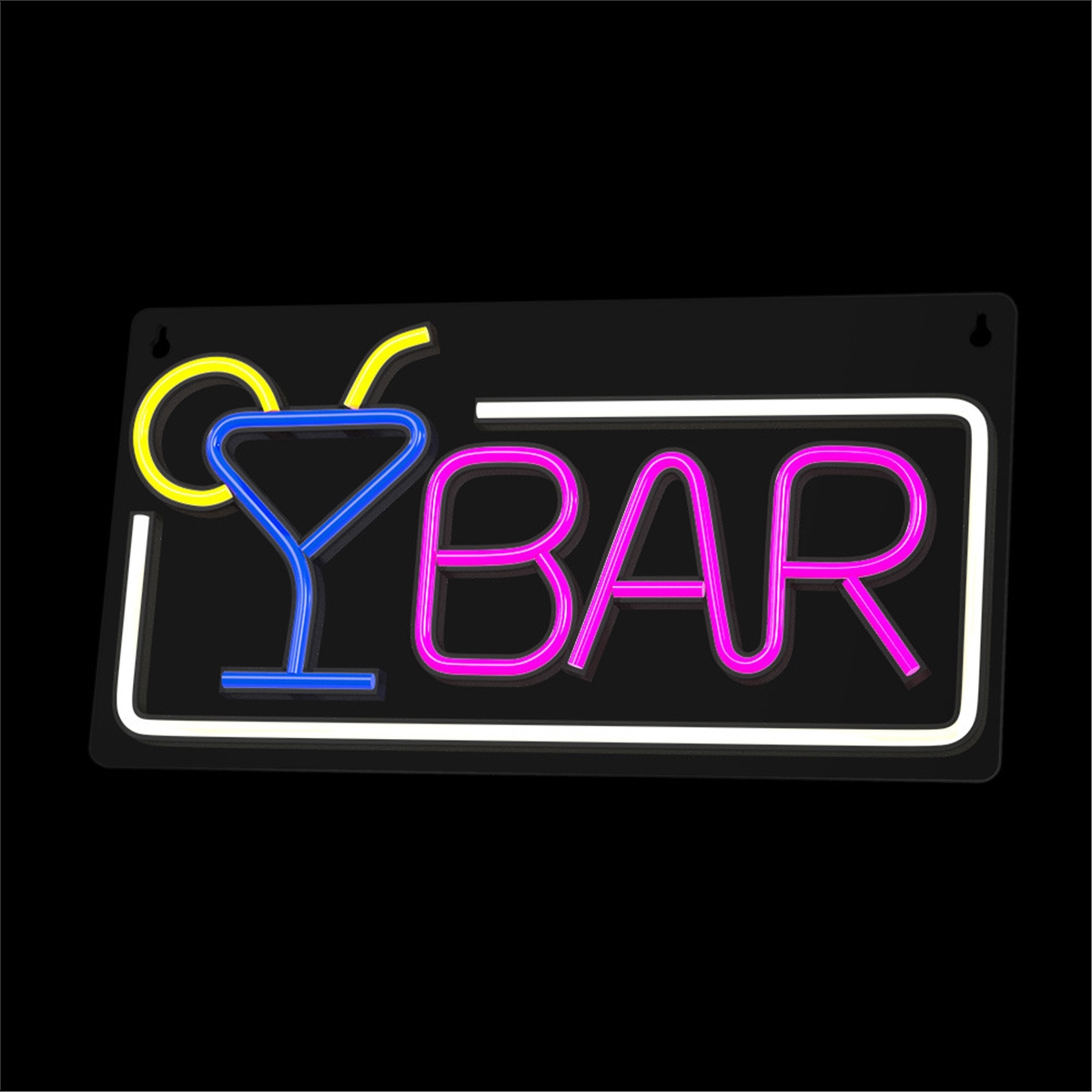 Letrero de neón con la palabra 'BAR', un icono de copa de cóctel y fondo negro.