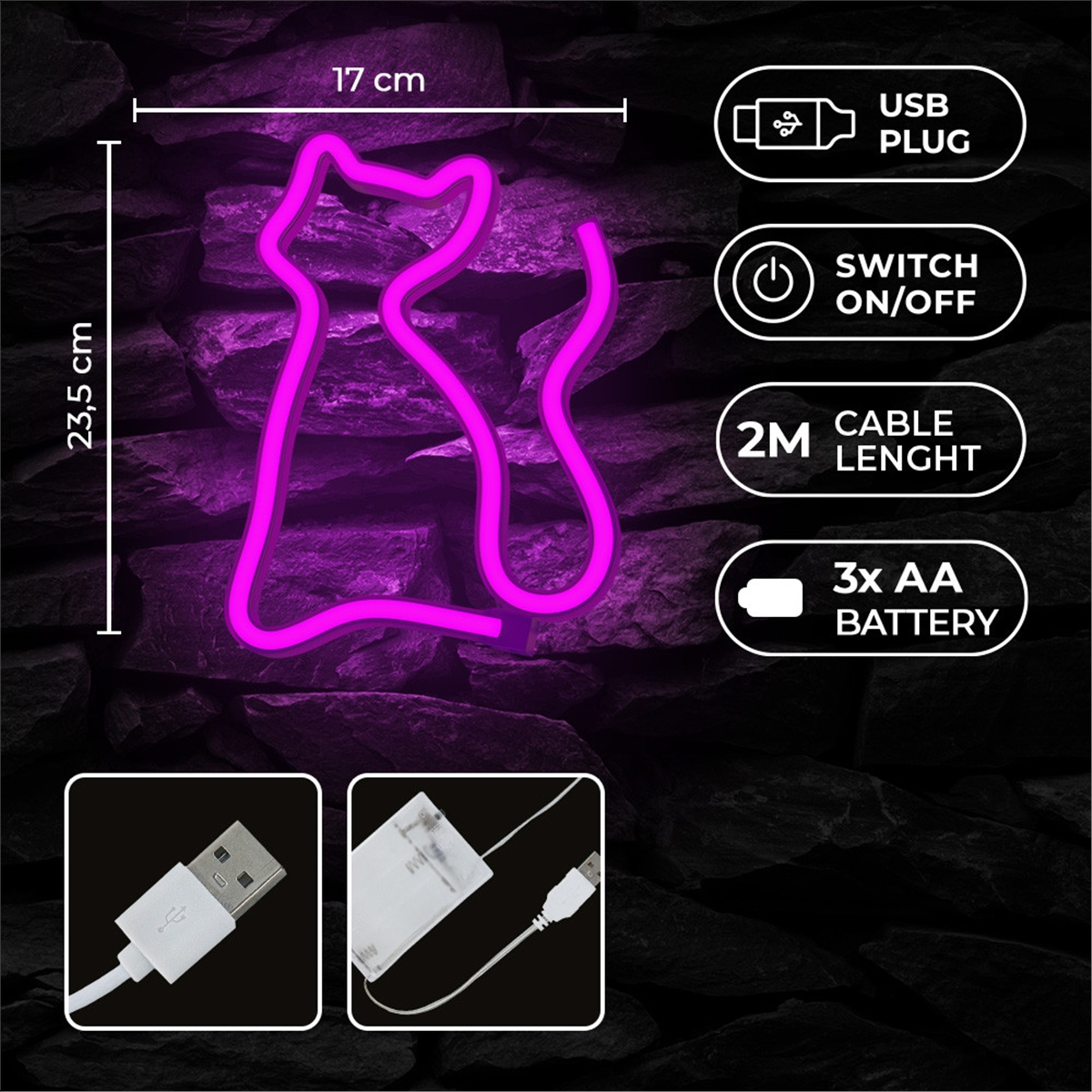 Neonrosa katzenförmiges Licht mit Abmessungen und USB-Stecker.