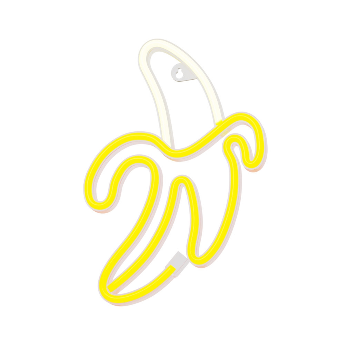 Ein Neon-Bananenschild in Gelb, mit weißem Umriss, vor weißem Hintergrund.