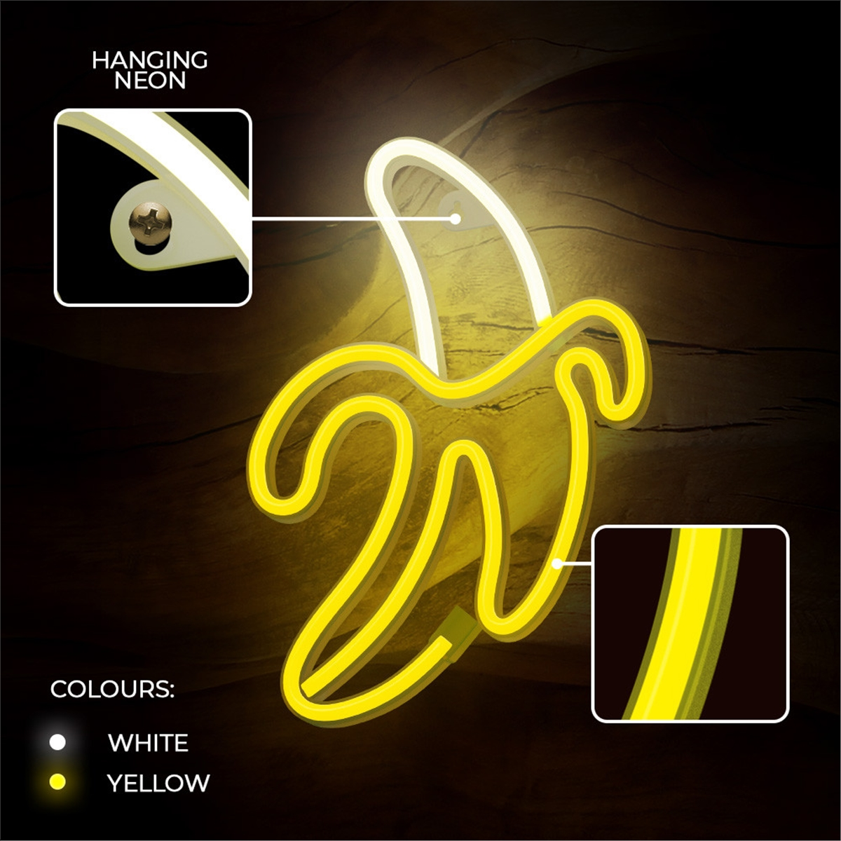 Ein Neon-Bananenlicht in Gelb und Weiß befindet sich auf einer dunklen Holzoberfläche.