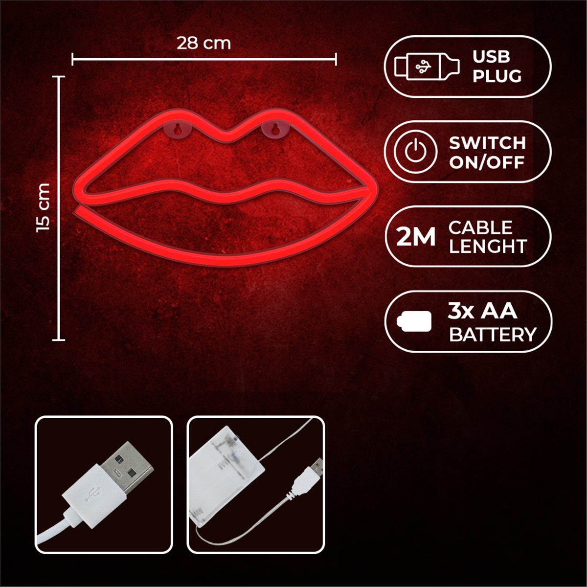 Luce a forma di labbra rosse al neon con spina USB, interruttore on/off e dettagli batteria.