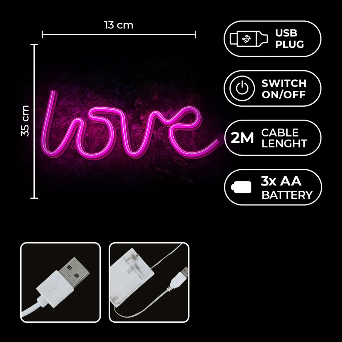 Un letrero de neón rosa que dice "amor" sobre un fondo negro, con dimensiones e iconos.