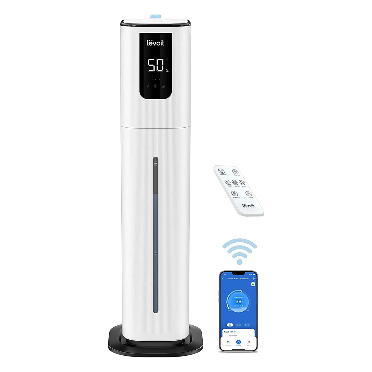 Biały oczyszczacz powietrza z cyfrowym wyświetlaczem pokazującym 50%. Widoczny pilot i smartfon.