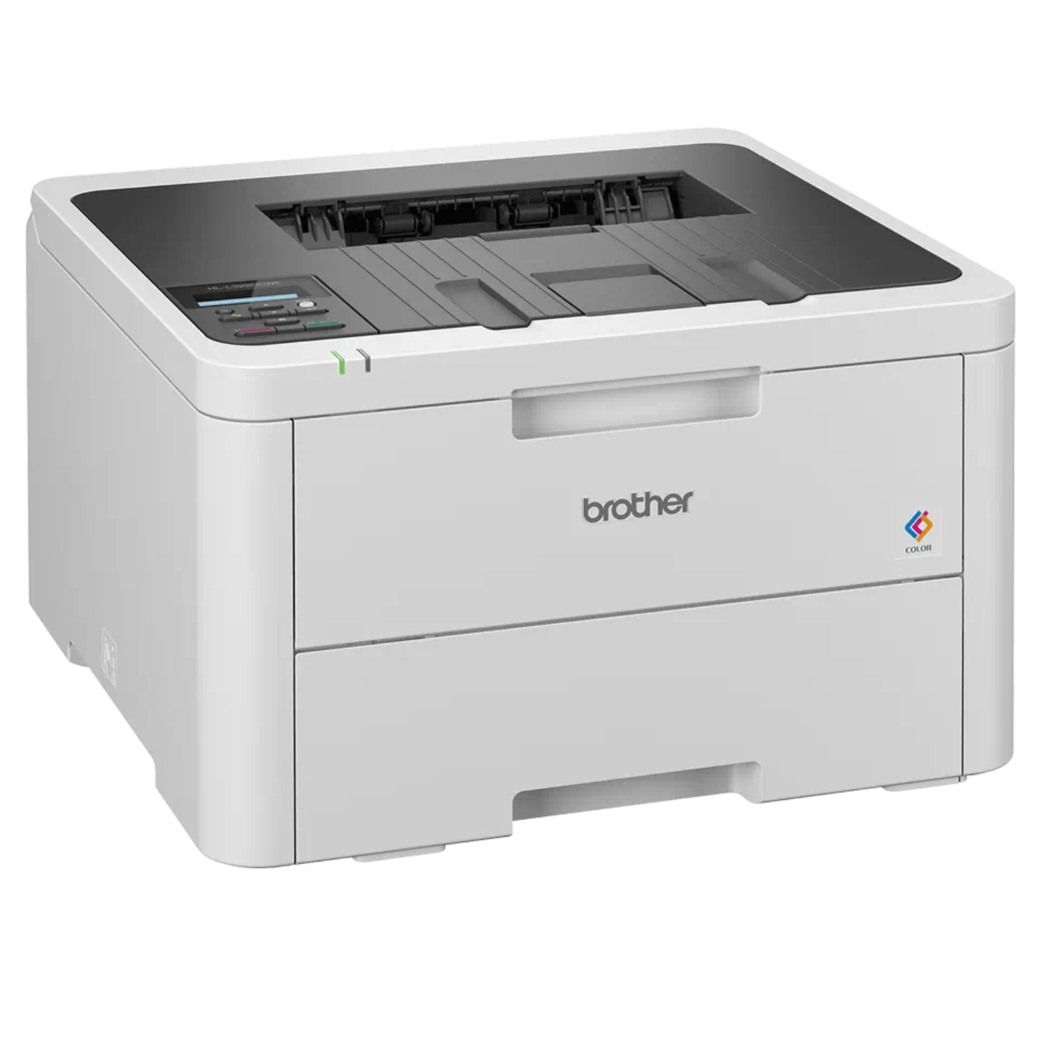 Biało-czarna drukarka z logo Brother, na czarnym tle.