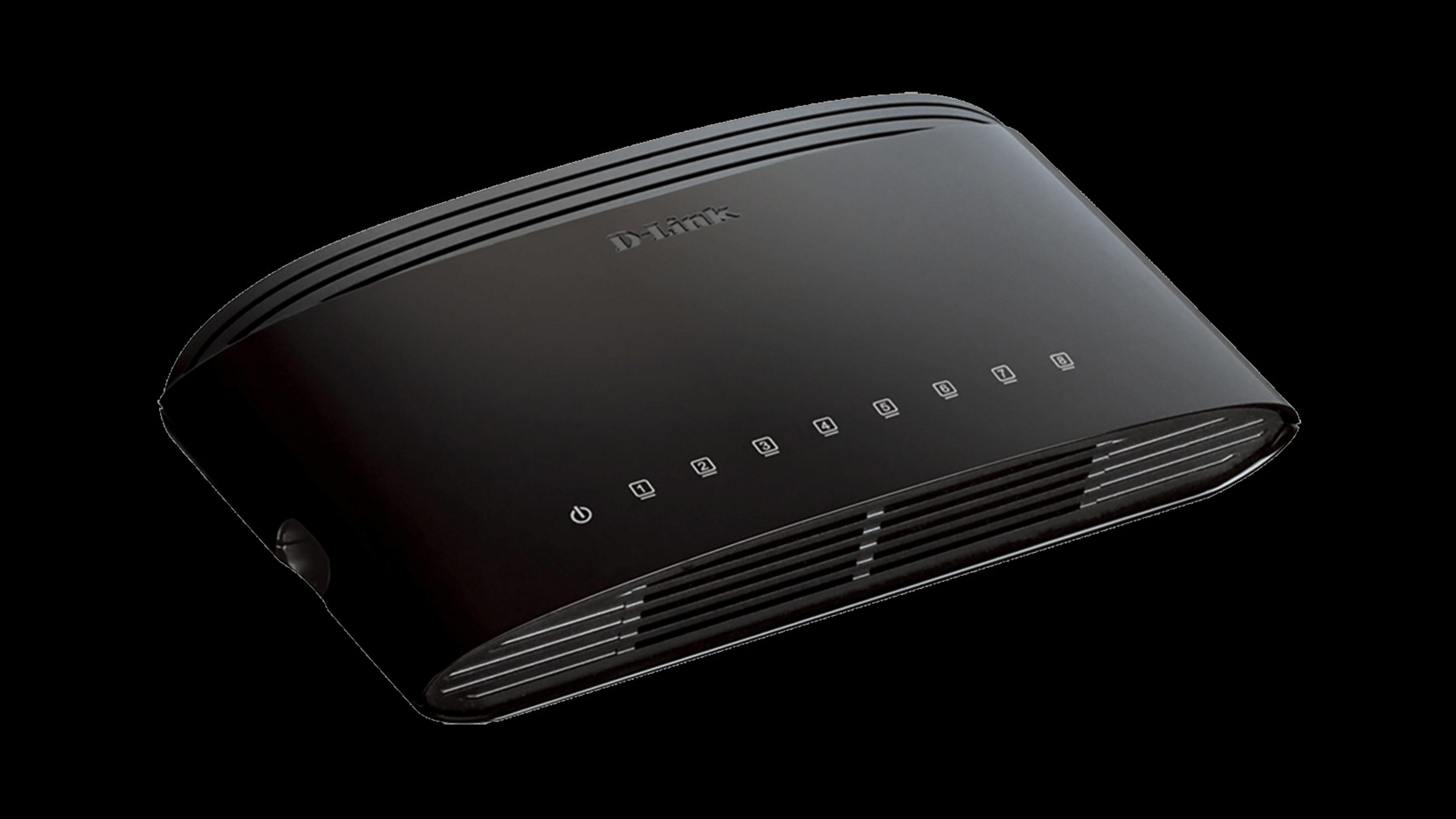 Ein schwarzer D-Link Netzwerk-Switch mit nummerierten Ports, auf schwarzem Hintergrund.