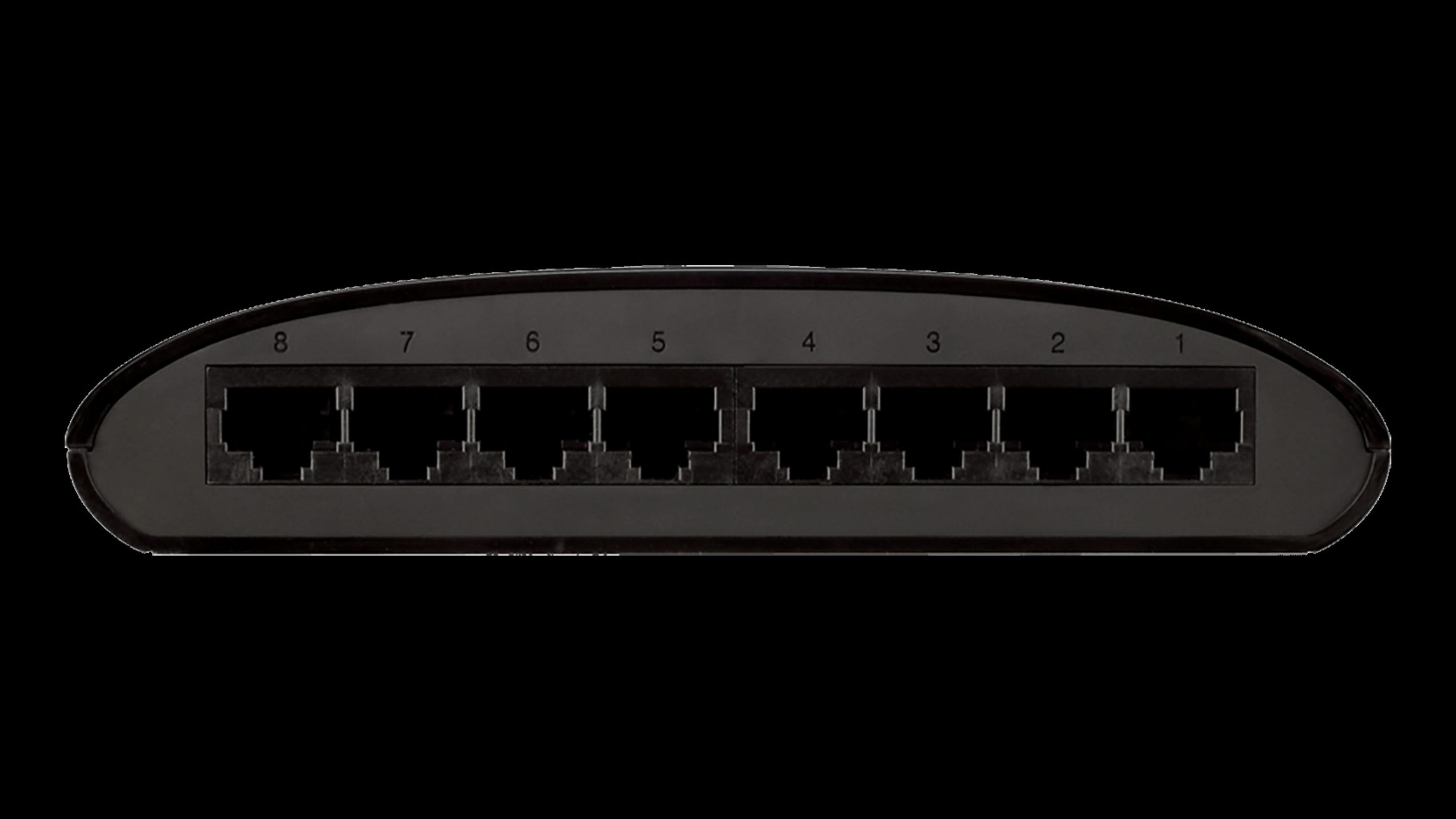 Schwarzer Netzwerk-Switch mit 8 Ports. Über den Ports sind die Zahlen 1-8 beschriftet.