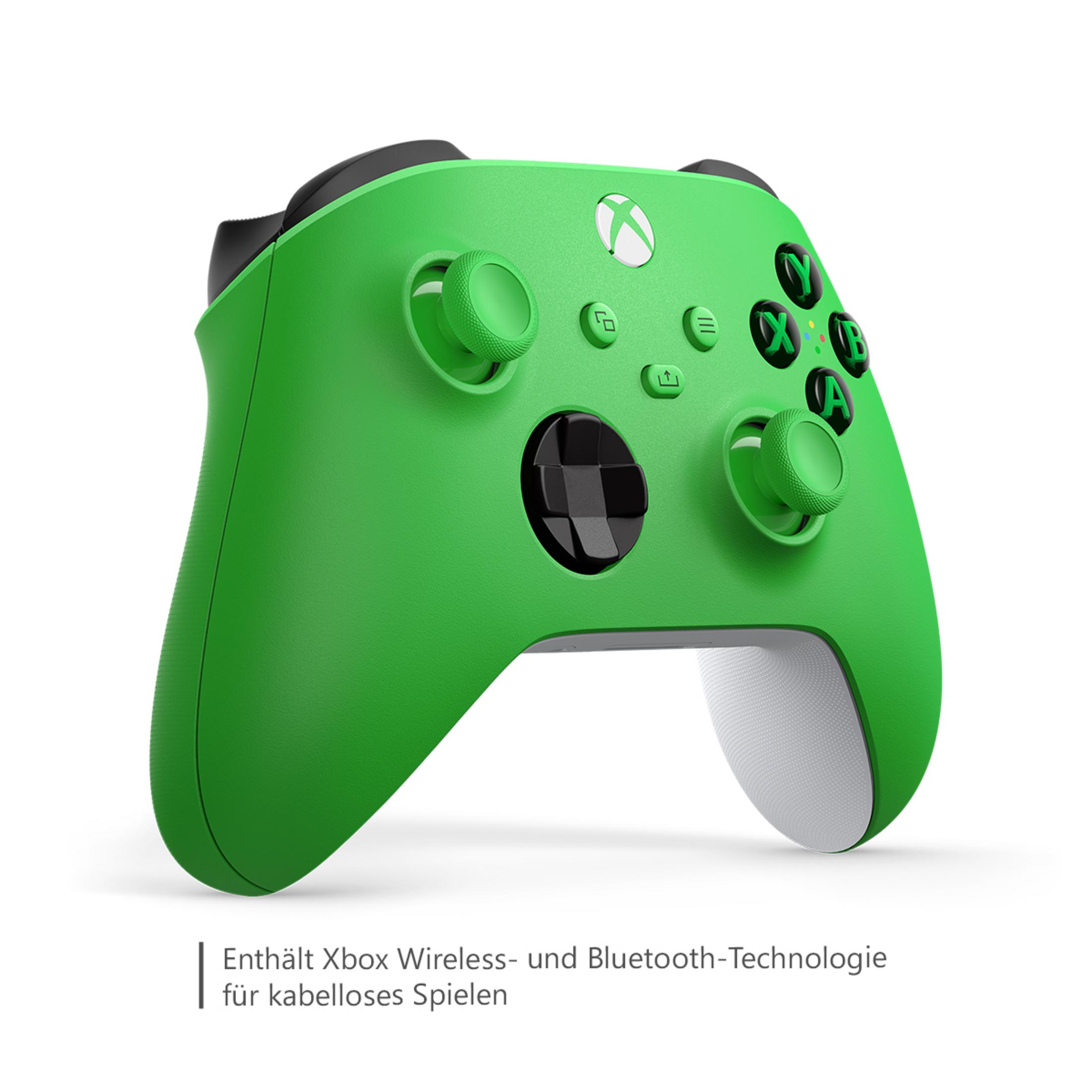 Zielony kontroler Xbox, czarne przyciski, białe akcenty. Posiada przyciski i joysticki.