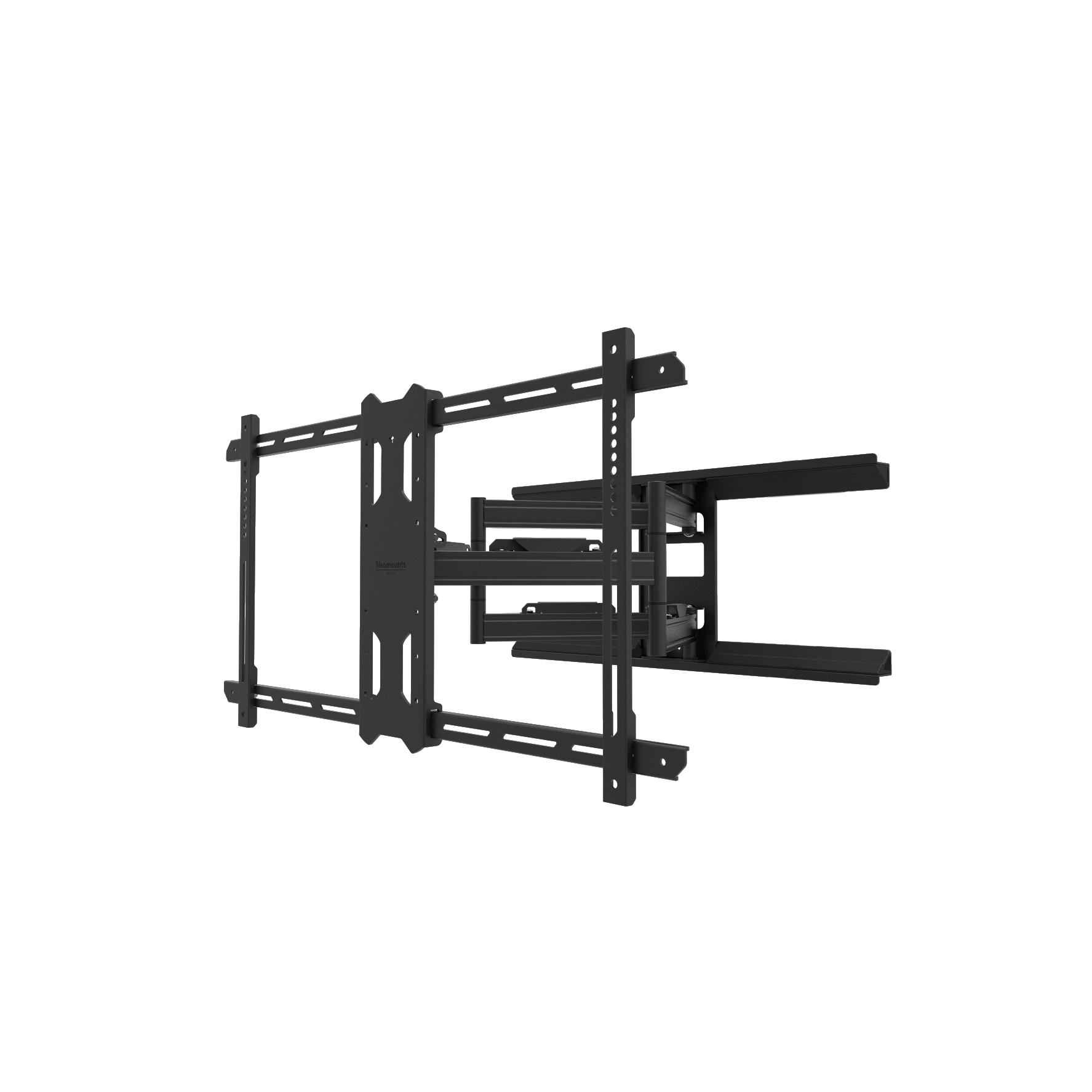 Un support mural TV noir, montrant la structure et les bras prêts à être fixés au mur.