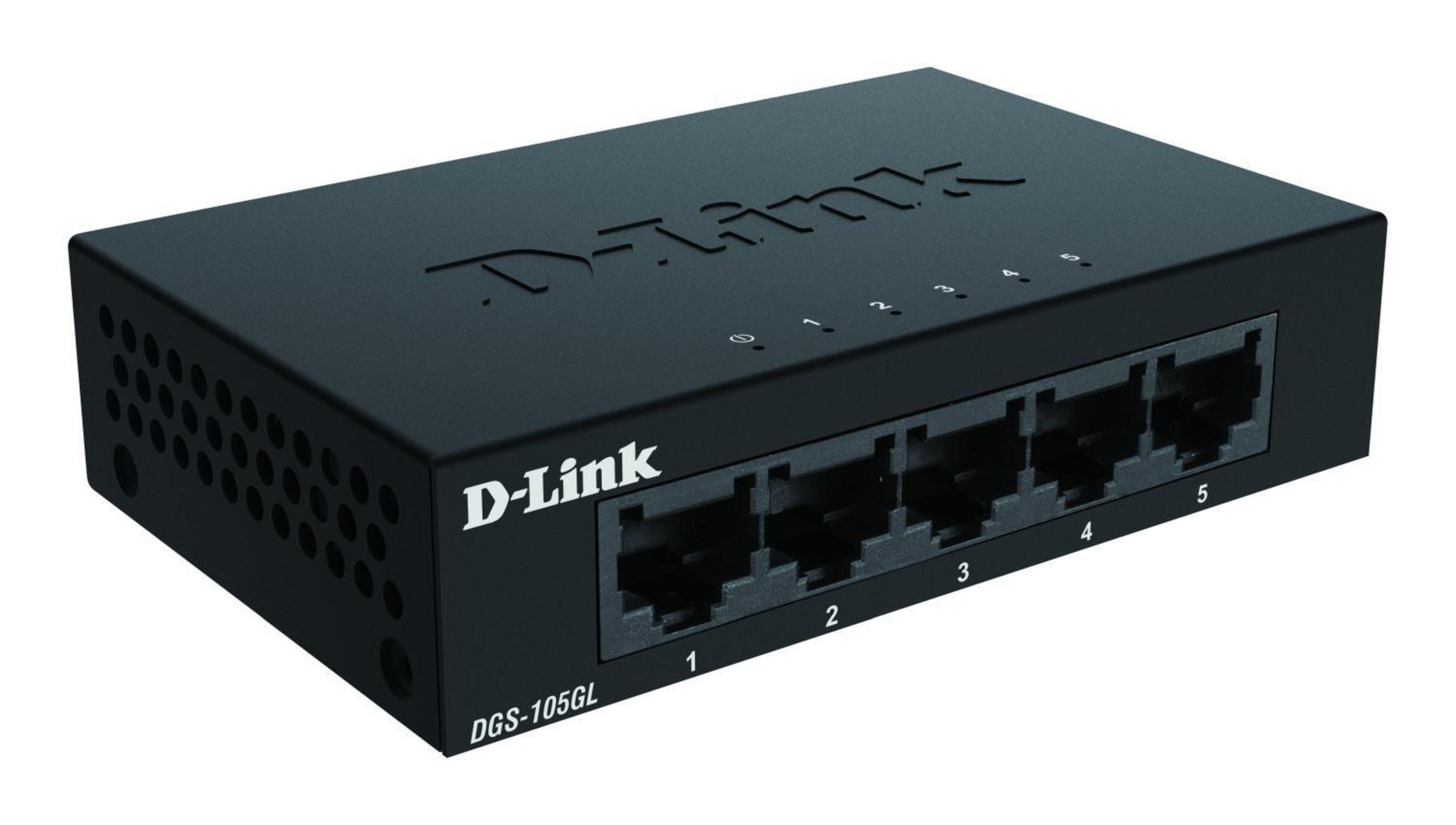 Schwarzer D-Link Netzwerk-Switch mit mehreren Anschlüssen auf weißem Grund.