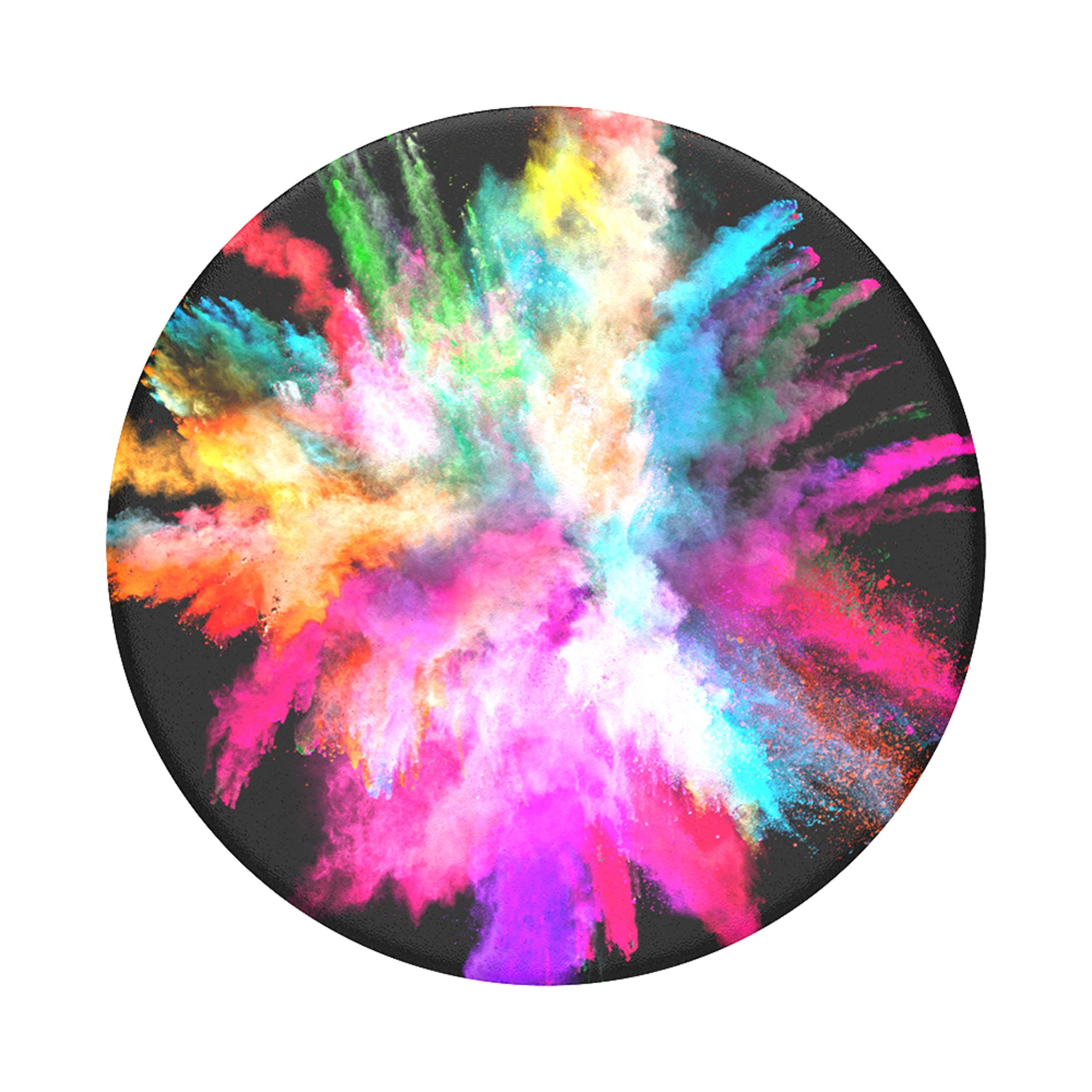 Explosión de polvo colorido en un círculo negro, varios colores vibrantes.