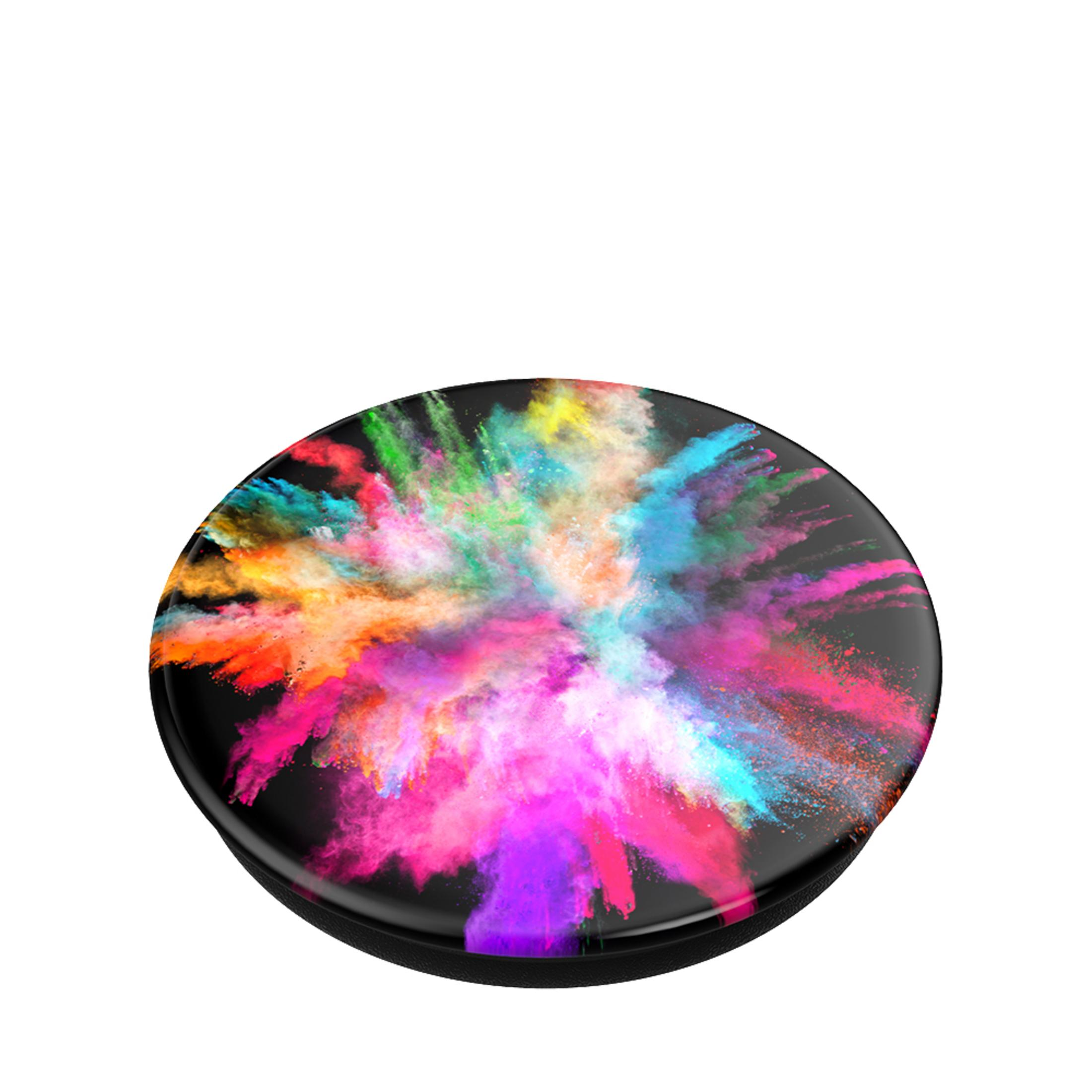 Un agarre PopSockets negro con un diseño de explosión colorida de rosa, azul, verde, amarillo y morado.