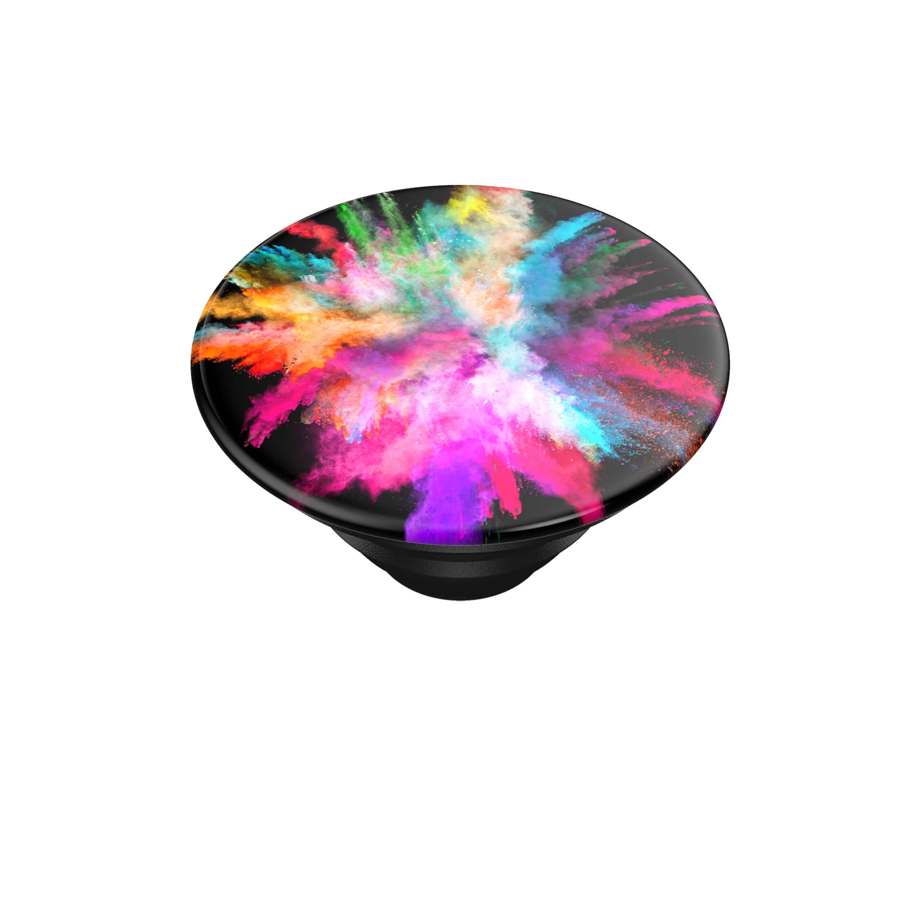 PopSockets negro con una salpicadura colorida de polvo sobre un fondo negro.