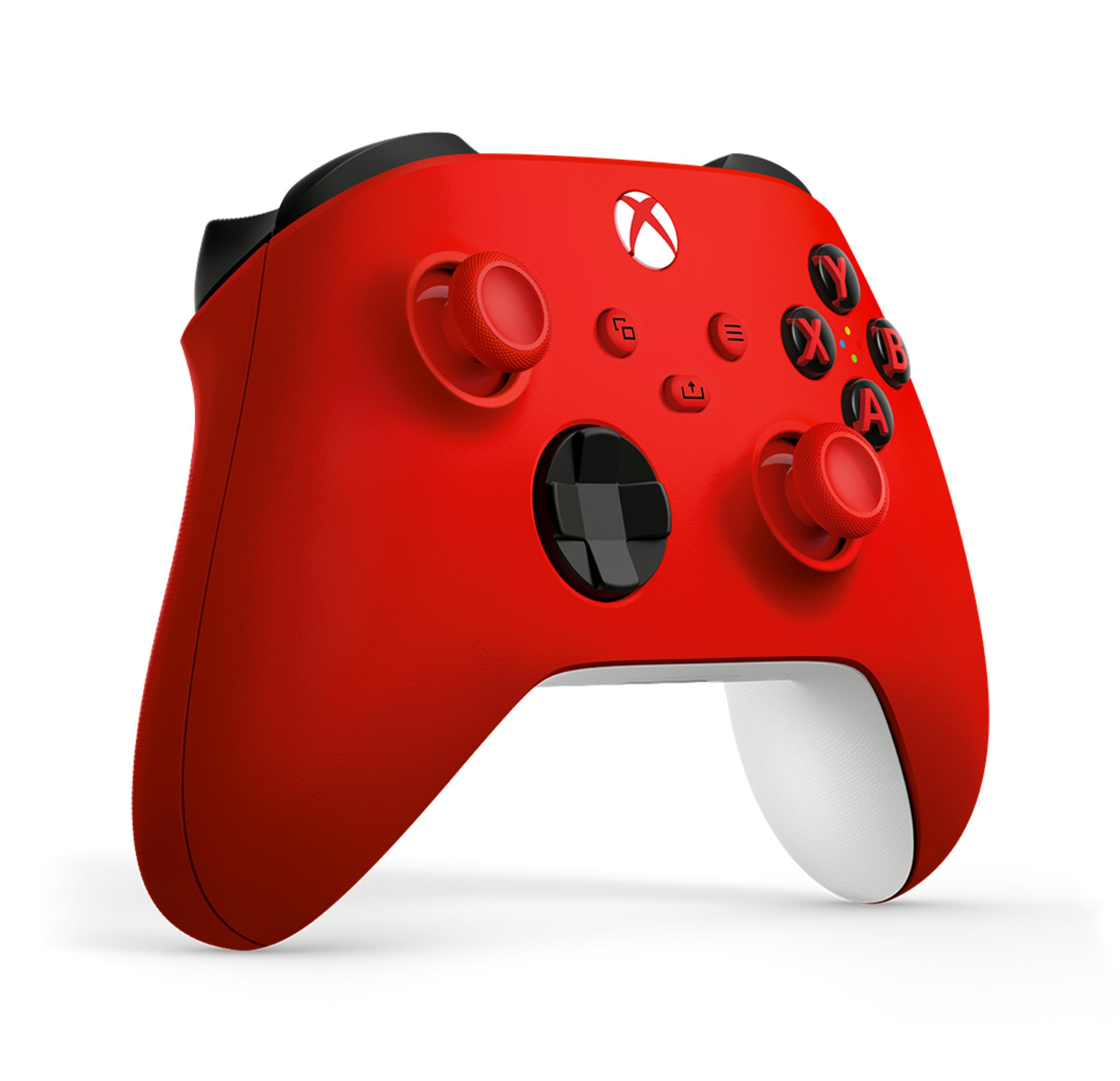 Roter Xbox-Controller, weißer Hintergrund. Knöpfe und Joysticks sichtbar. Das Xbox-Logo ist oben.