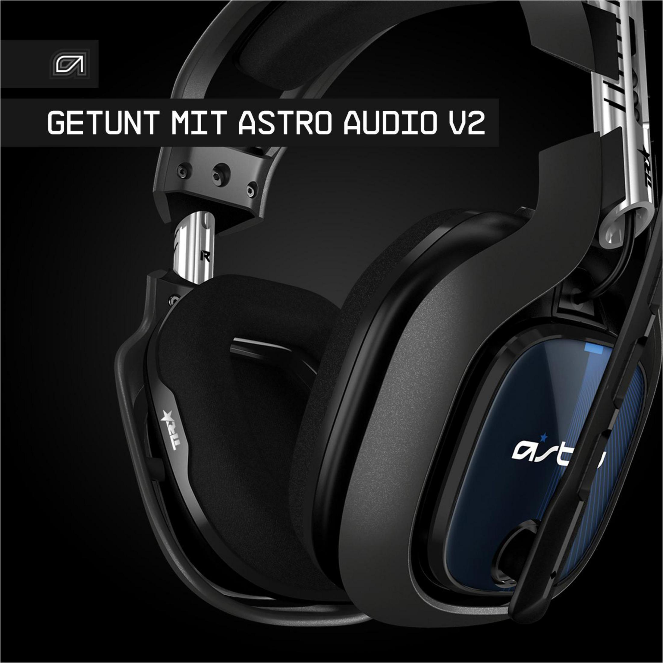 Czarne słuchawki Astro audio z napisem GETUNT MIT ASTRO AUDIO V2 na ciemnym tle.
