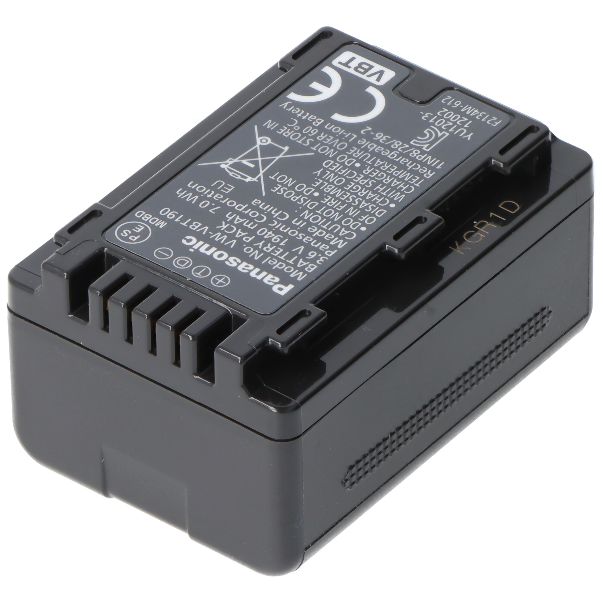 Batterie Panasonic noire. Le dessus a des étiquettes et des marquages. Corps noir.