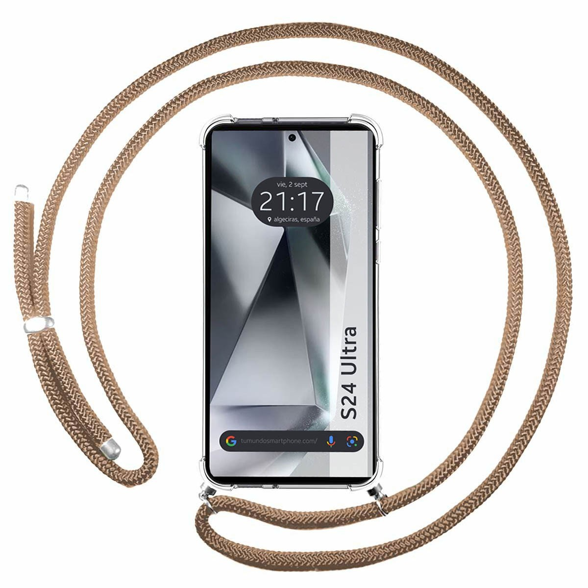Un teléfono en una funda con una correa marrón. El teléfono muestra la fecha y la hora.