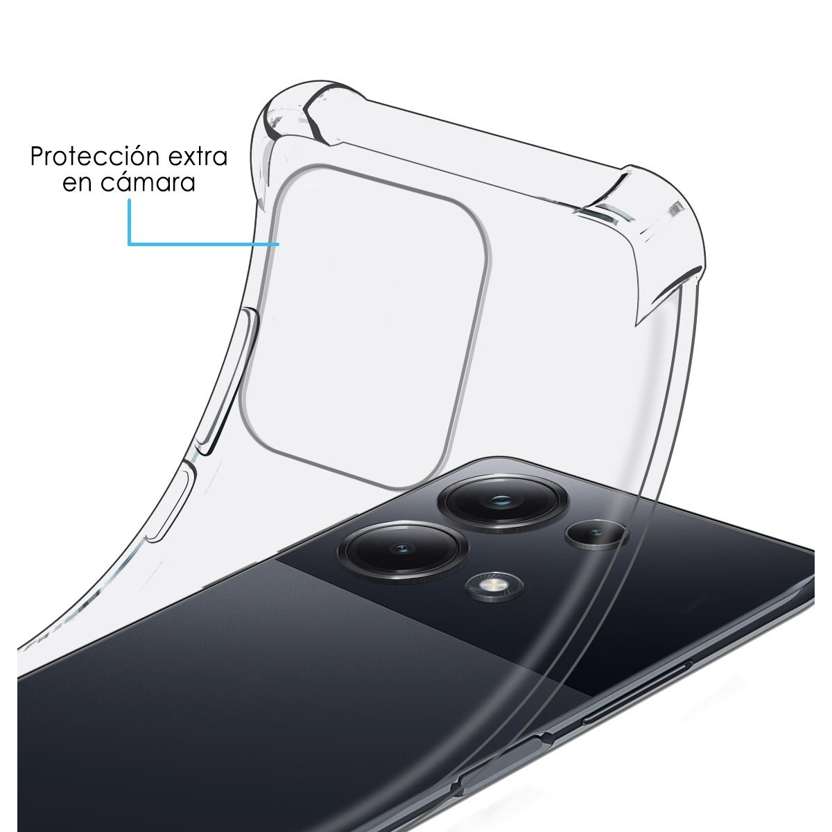 Custodia trasparente con un telefono all'interno. Il telefono ha un sistema a tripla fotocamera e testo sulla fotocamera.