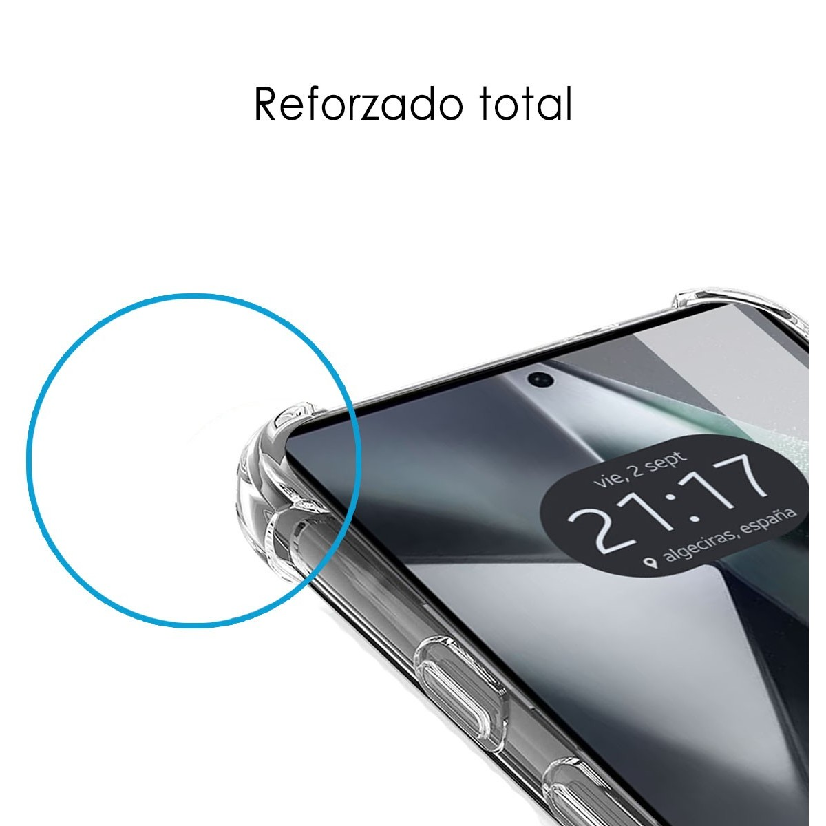 Custodia per telefono con telefono e testo in spagnolo.