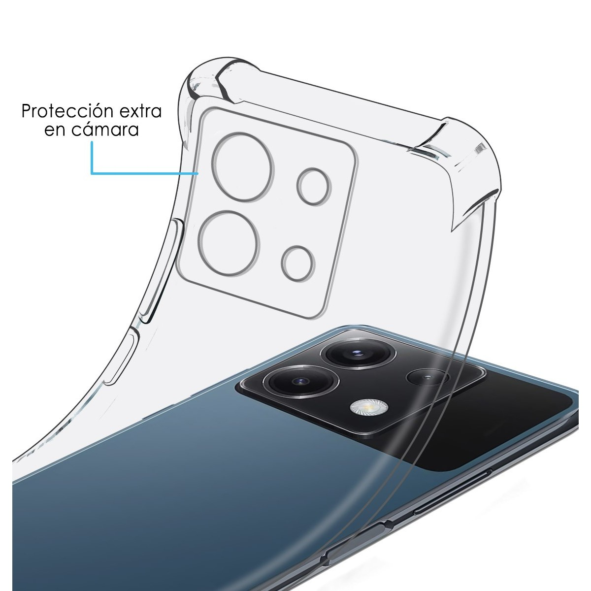 Un telefono racchiuso in una custodia trasparente con protezione per la fotocamera. La custodia dice 'Protección extra en cámara'.