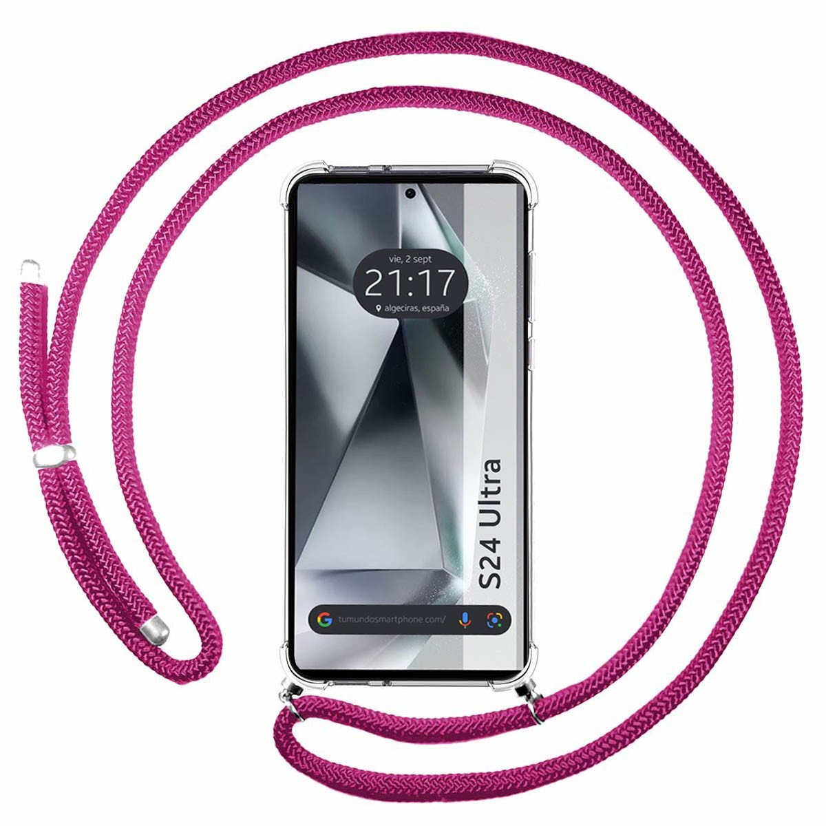 Una custodia rosa con un telefono, un cordino è attaccato al telefono.