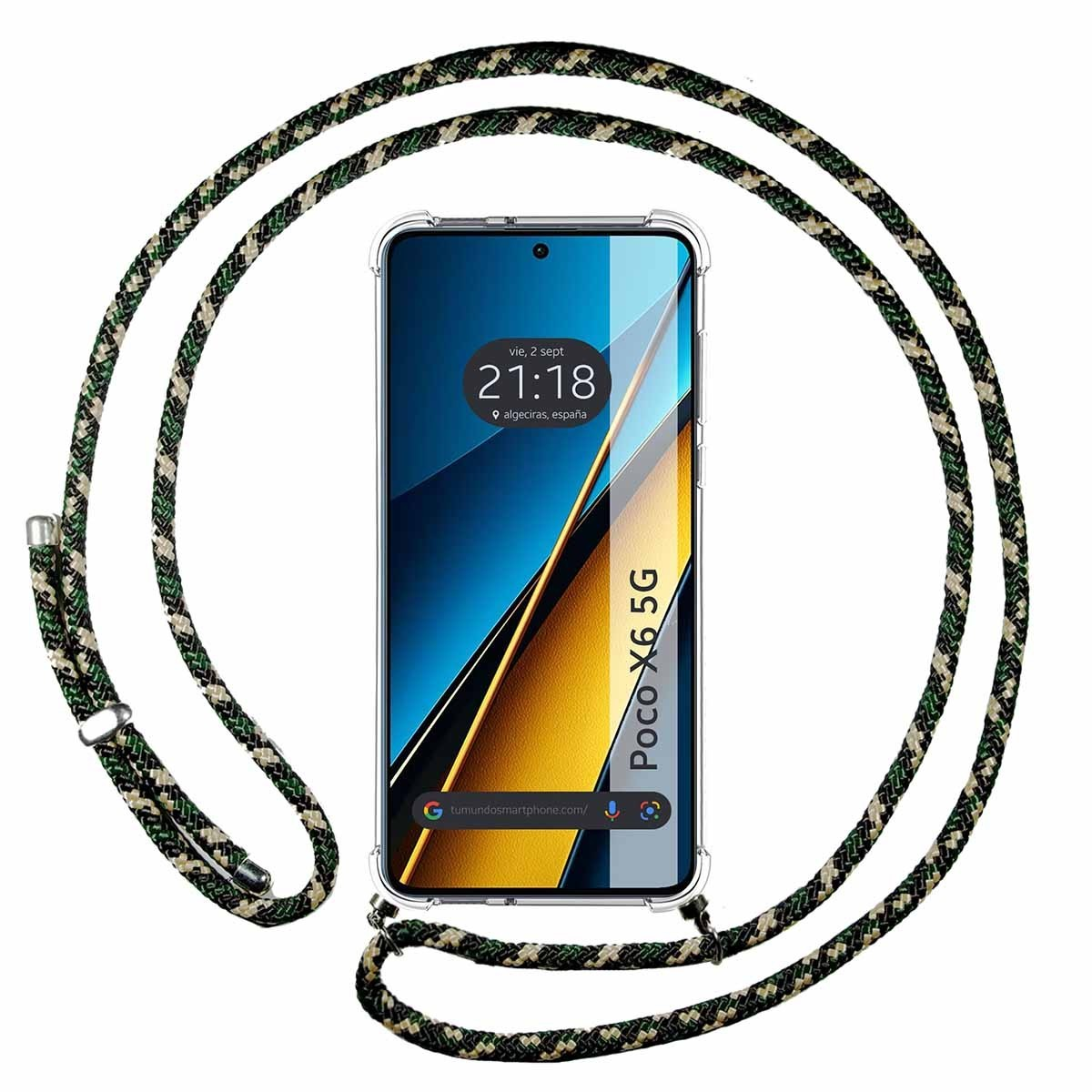 Smartphone in una custodia trasparente con un cordino. Cordino verde e nero.