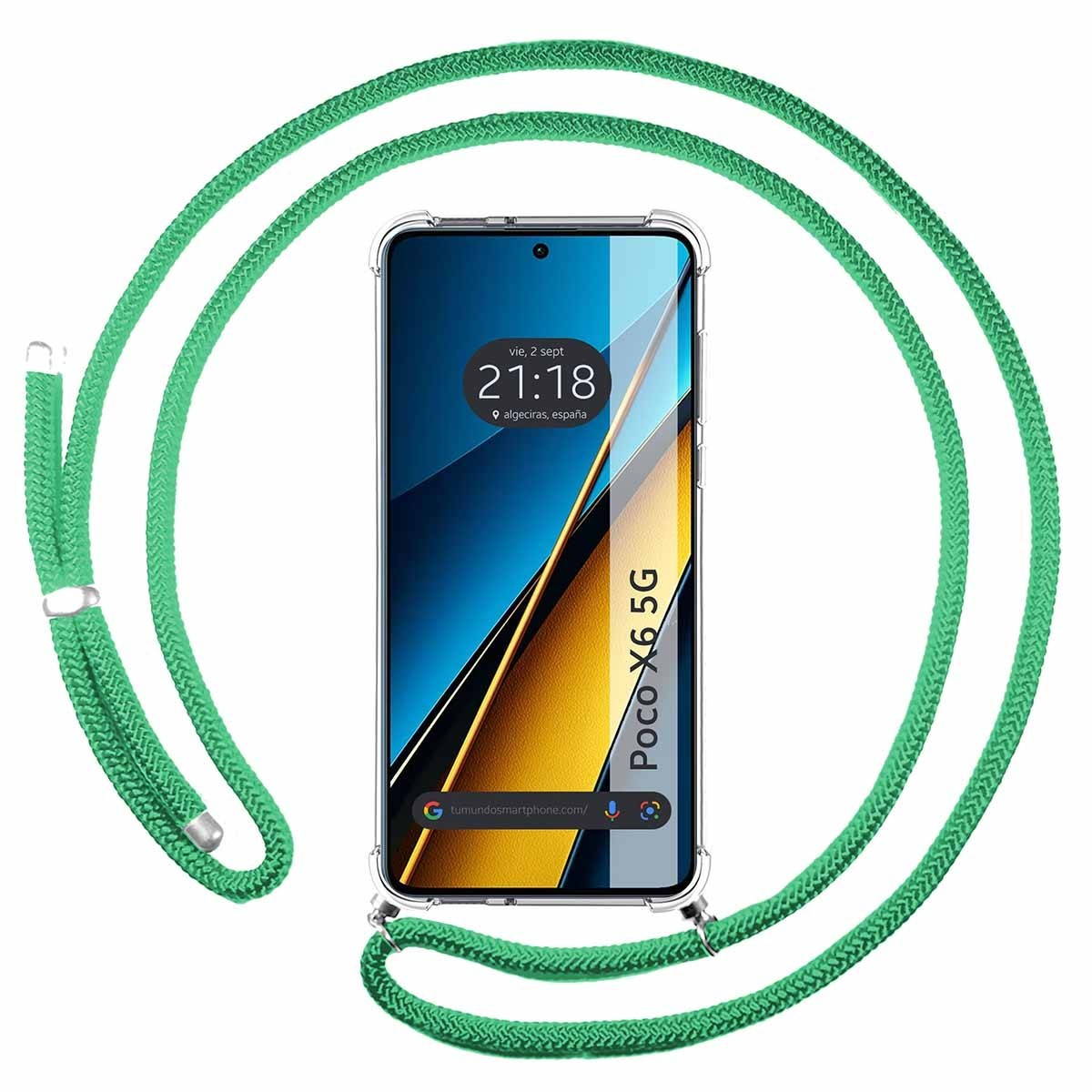 Uno smartphone in una custodia trasparente con un cordino verde. Il telefono mostra l'ora e un indirizzo web.