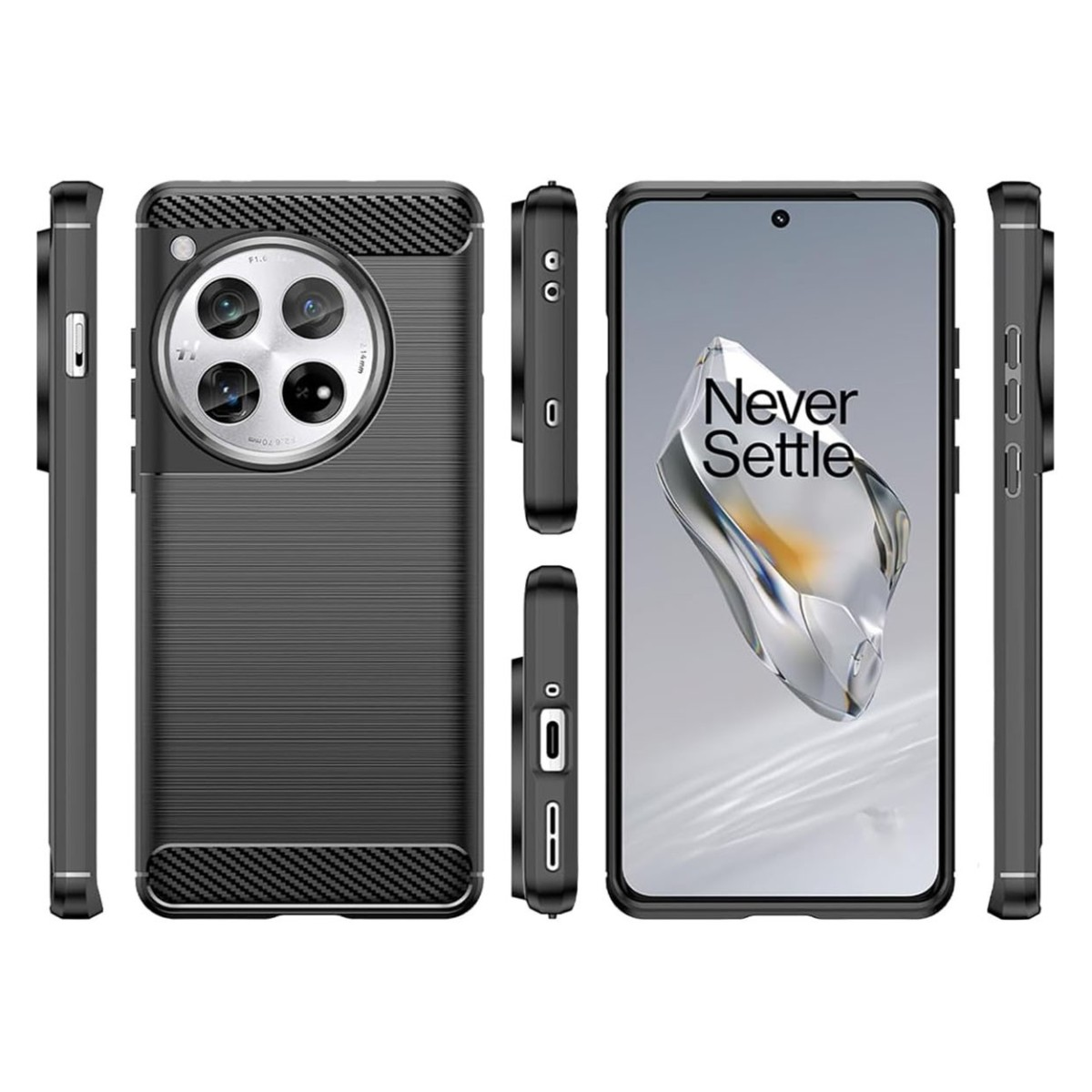 Una custodia nera per telefono. Ci sono viste dei lati, della parte anteriore e posteriore della custodia. Never Settle è scritto.