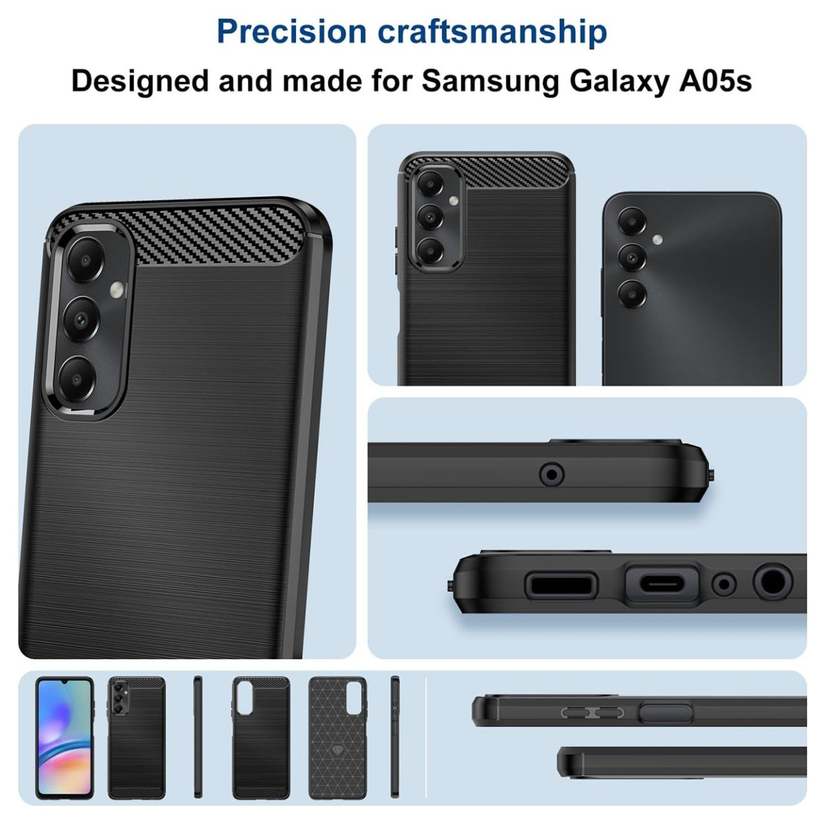 Collage di custodie nere per telefoni. Varie angolazioni, con testo: Artigianato di precisione. Progettato per Samsung.