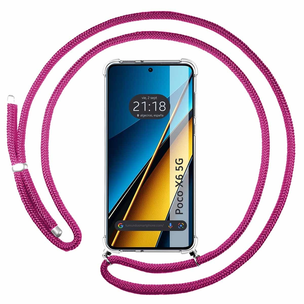 Telefono Poco X6 5G in una custodia trasparente con un cordino rosa. Lo schermo mostra l'ora.