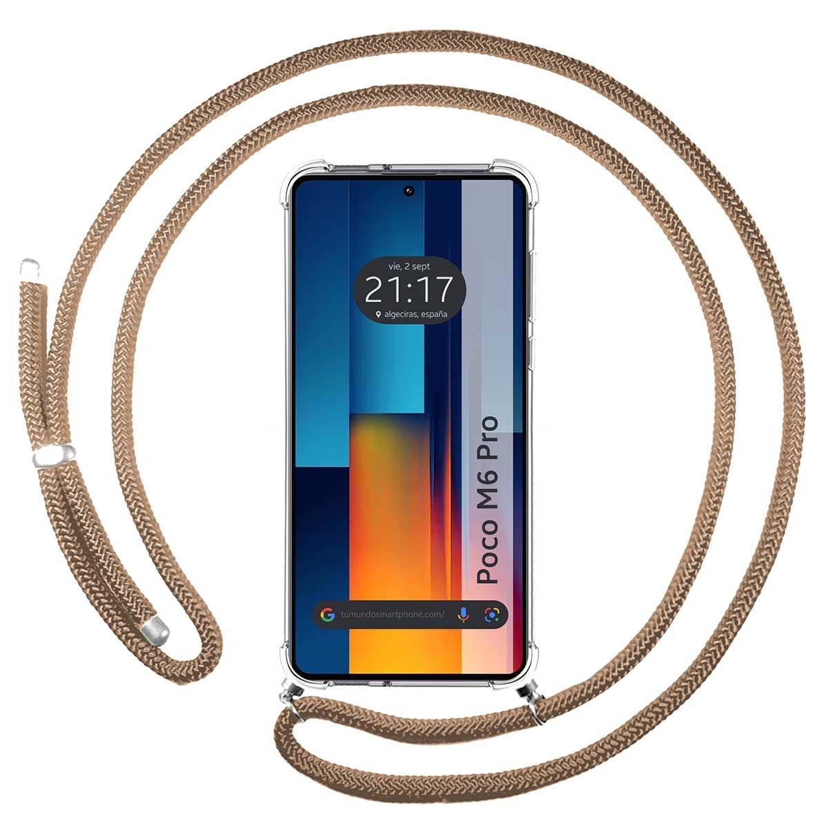 Telefono con cordino. Lo schermo mostra l'ora e la posizione.